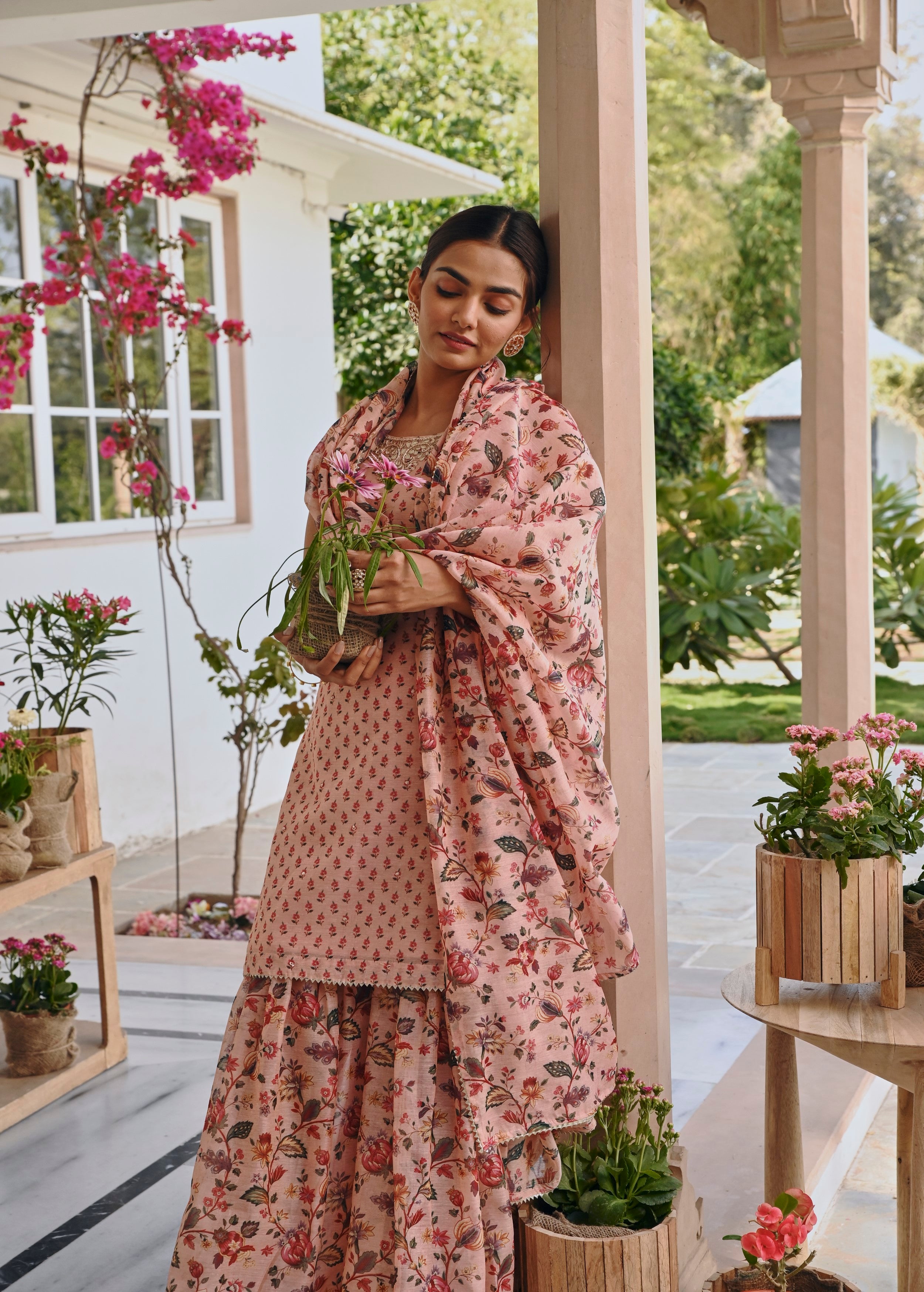 Light Pink Embellished Chanderi Silk Sharara Set