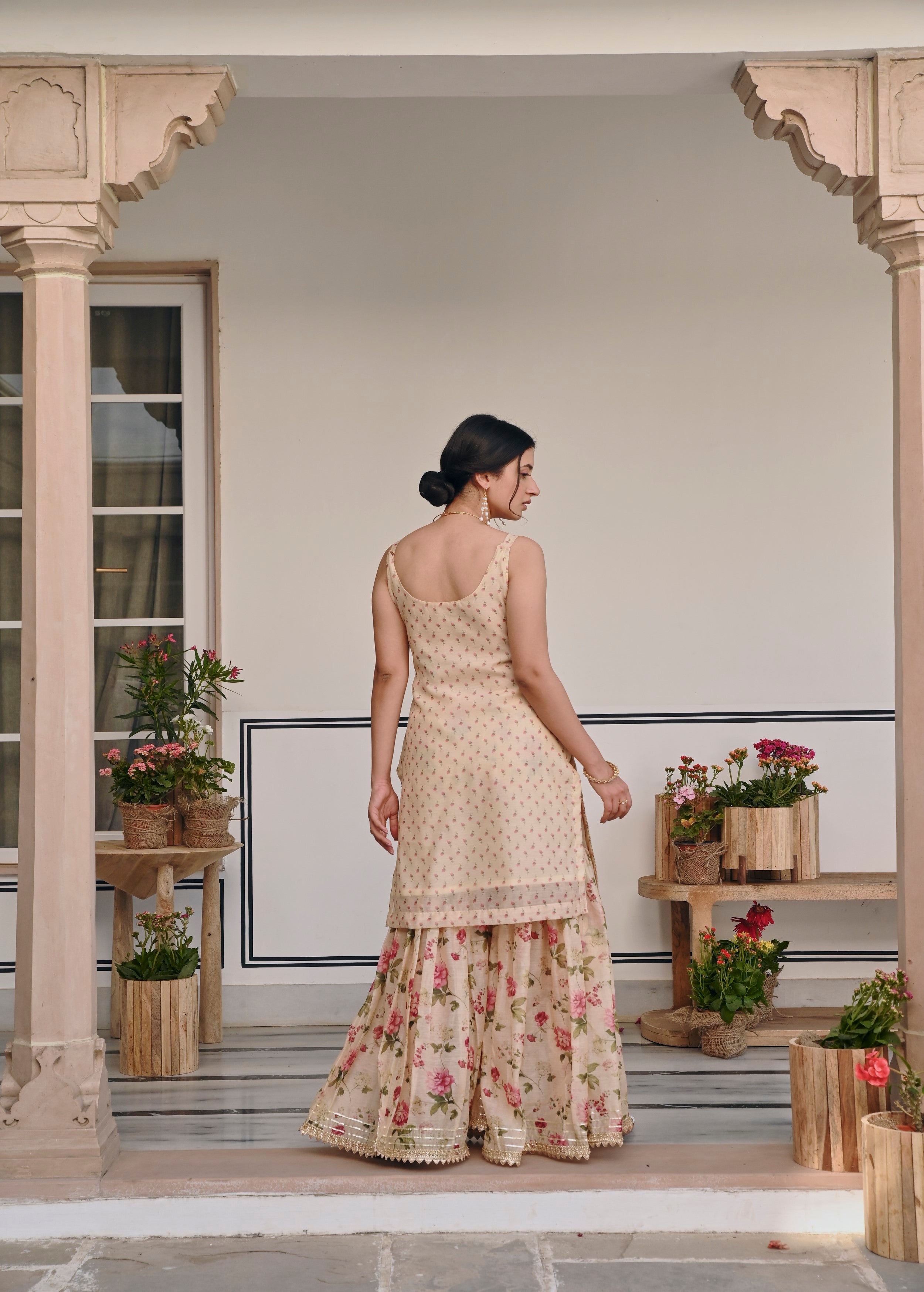 Cream Embellished Chanderi Silk Sharara Set