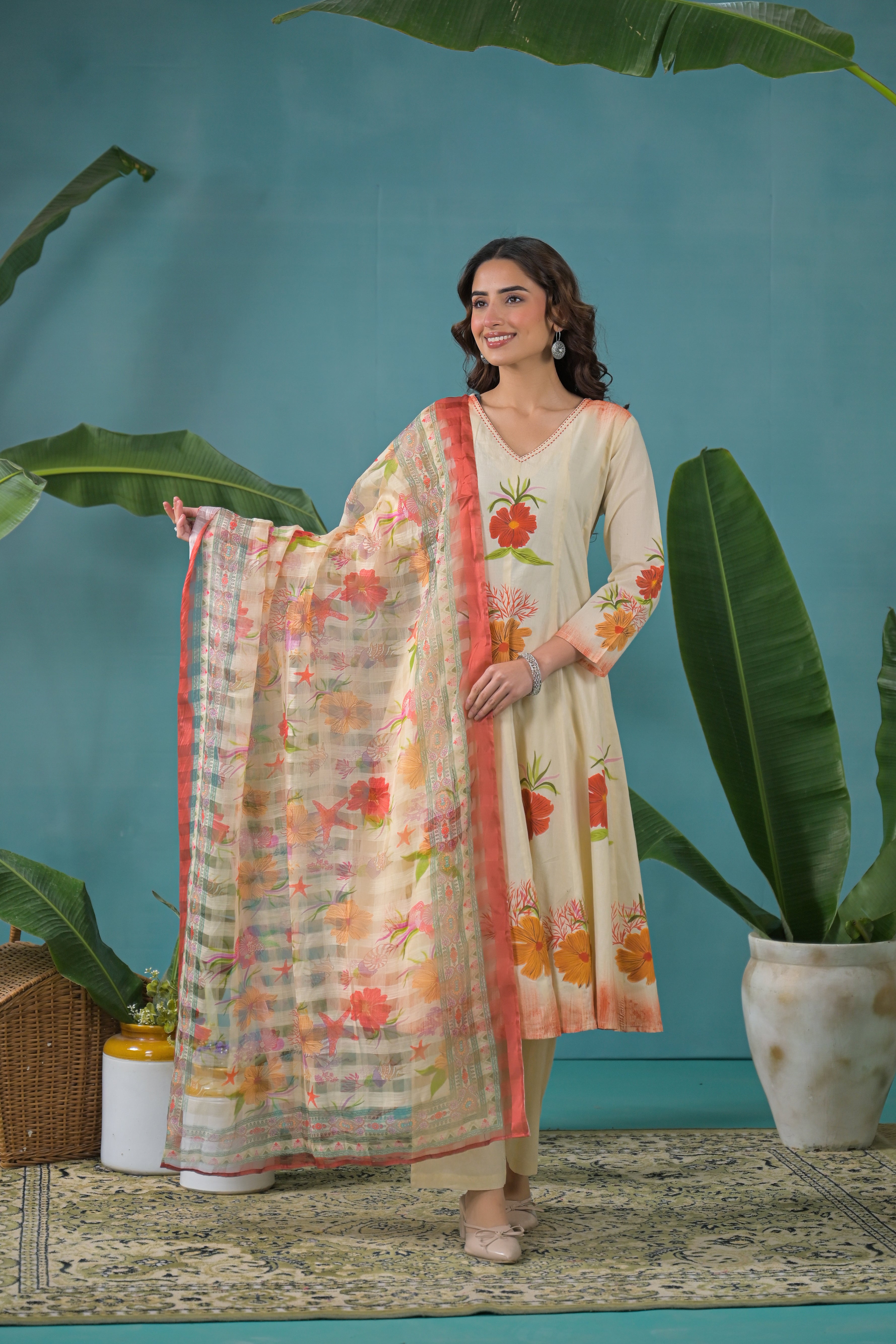 Warm Beige Printed Cotton Anarkali Kurta Set