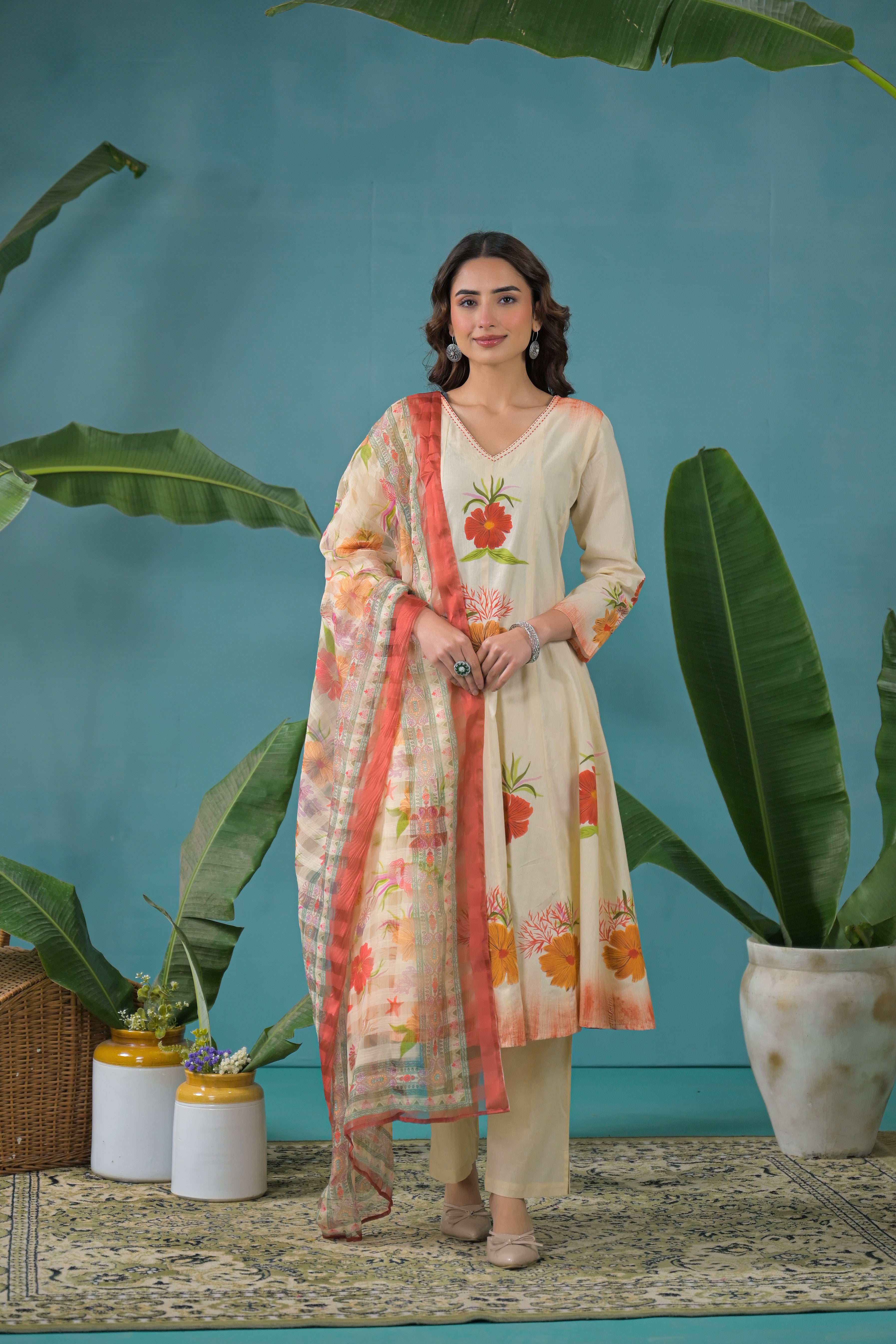 Warm Beige Printed Cotton Anarkali Kurta Set