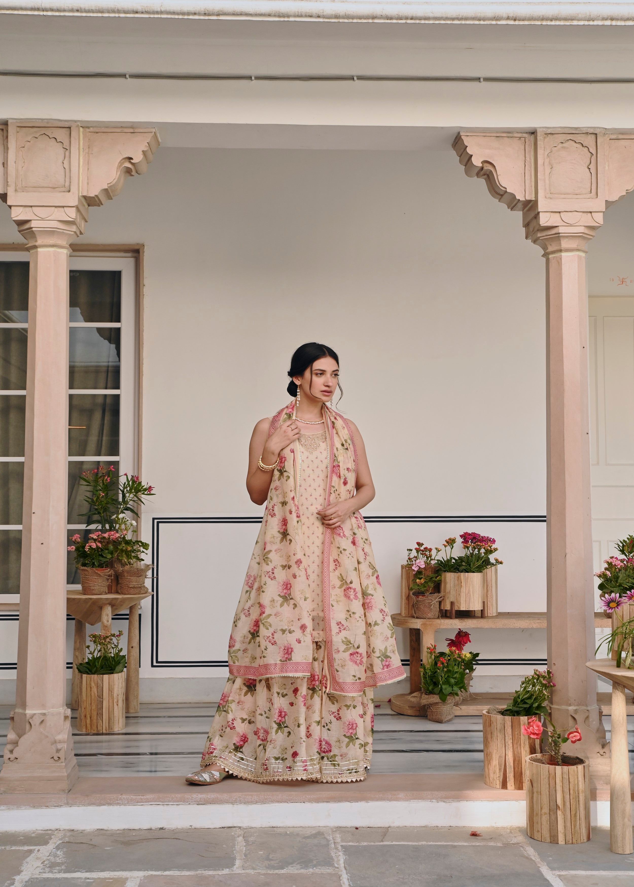 Cream Embellished Chanderi Silk Sharara Set