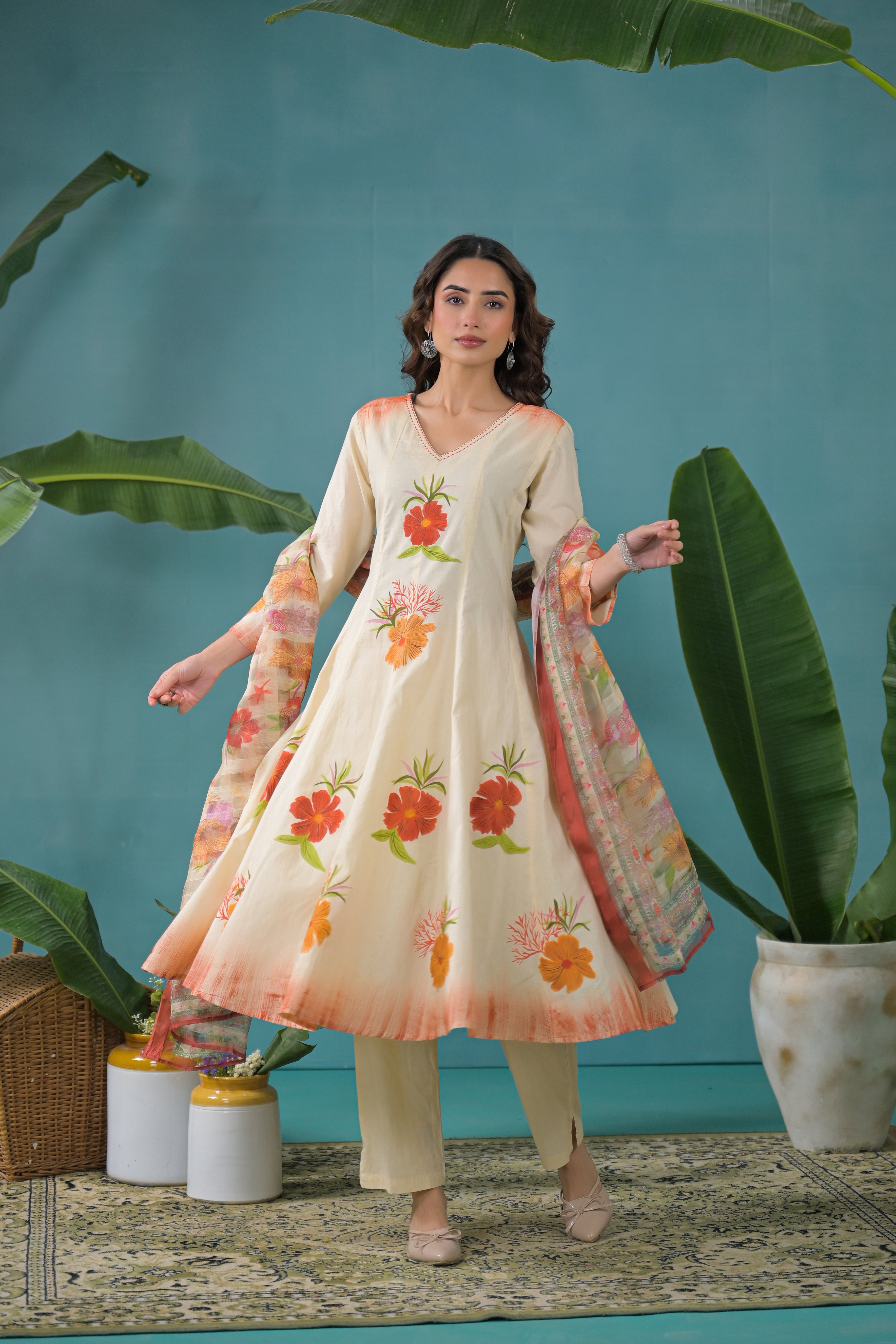 Warm Beige Printed Cotton Anarkali Kurta Set