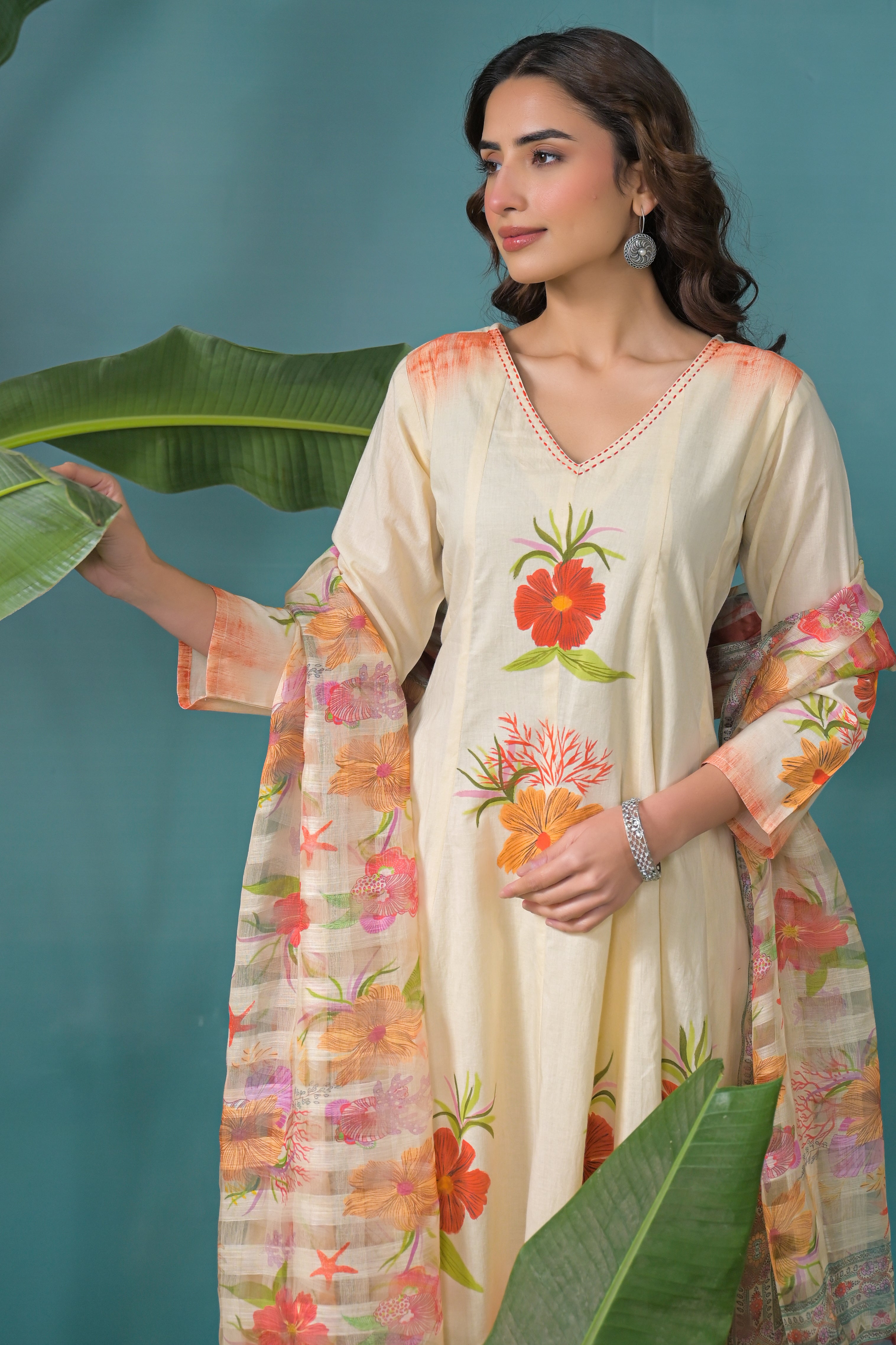 Warm Beige Printed Cotton Anarkali Kurta Set