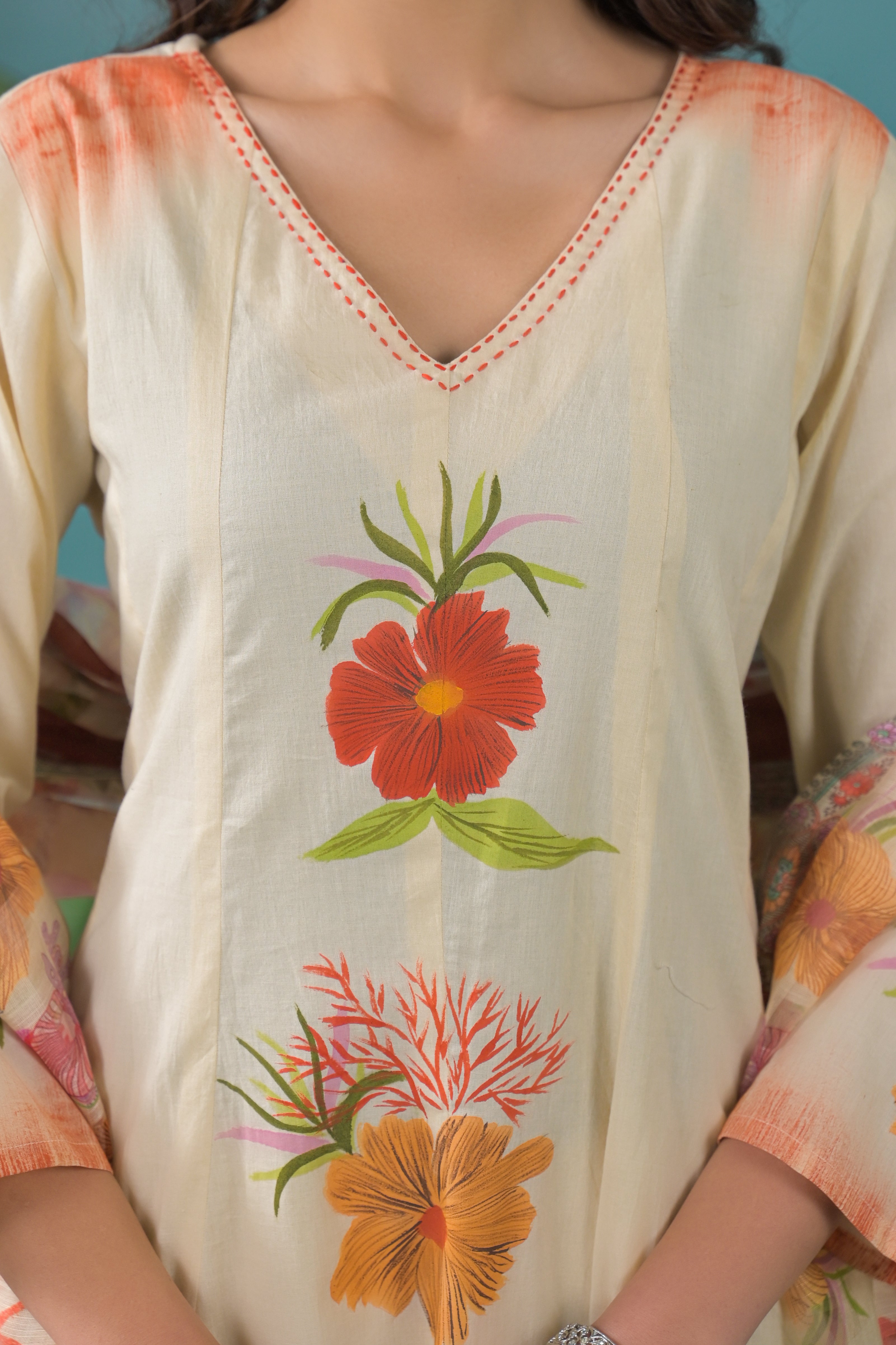 Warm Beige Printed Cotton Anarkali Kurta Set