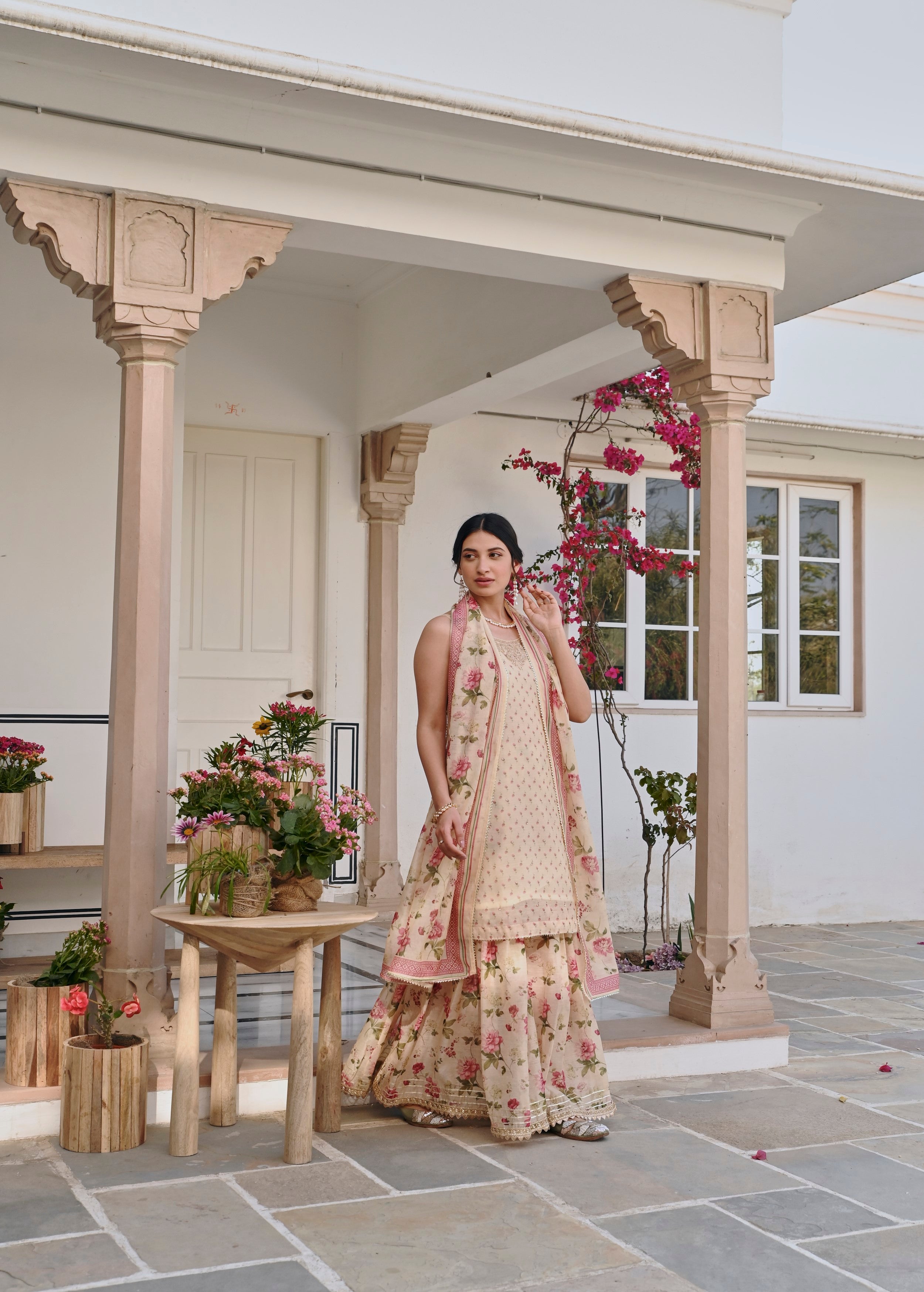 Cream Embellished Chanderi Silk Sharara Set