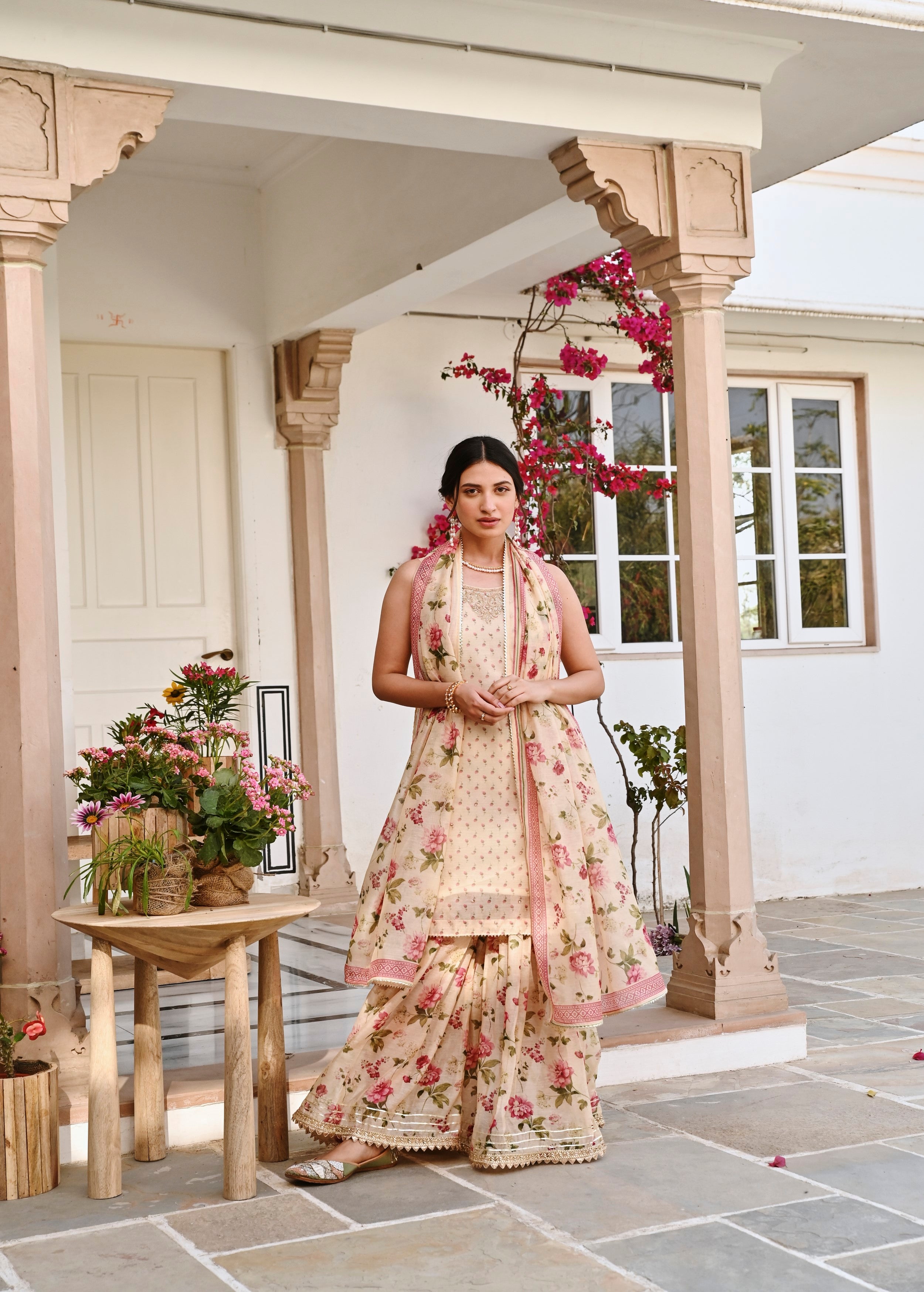 Cream Embellished Chanderi Silk Sharara Set
