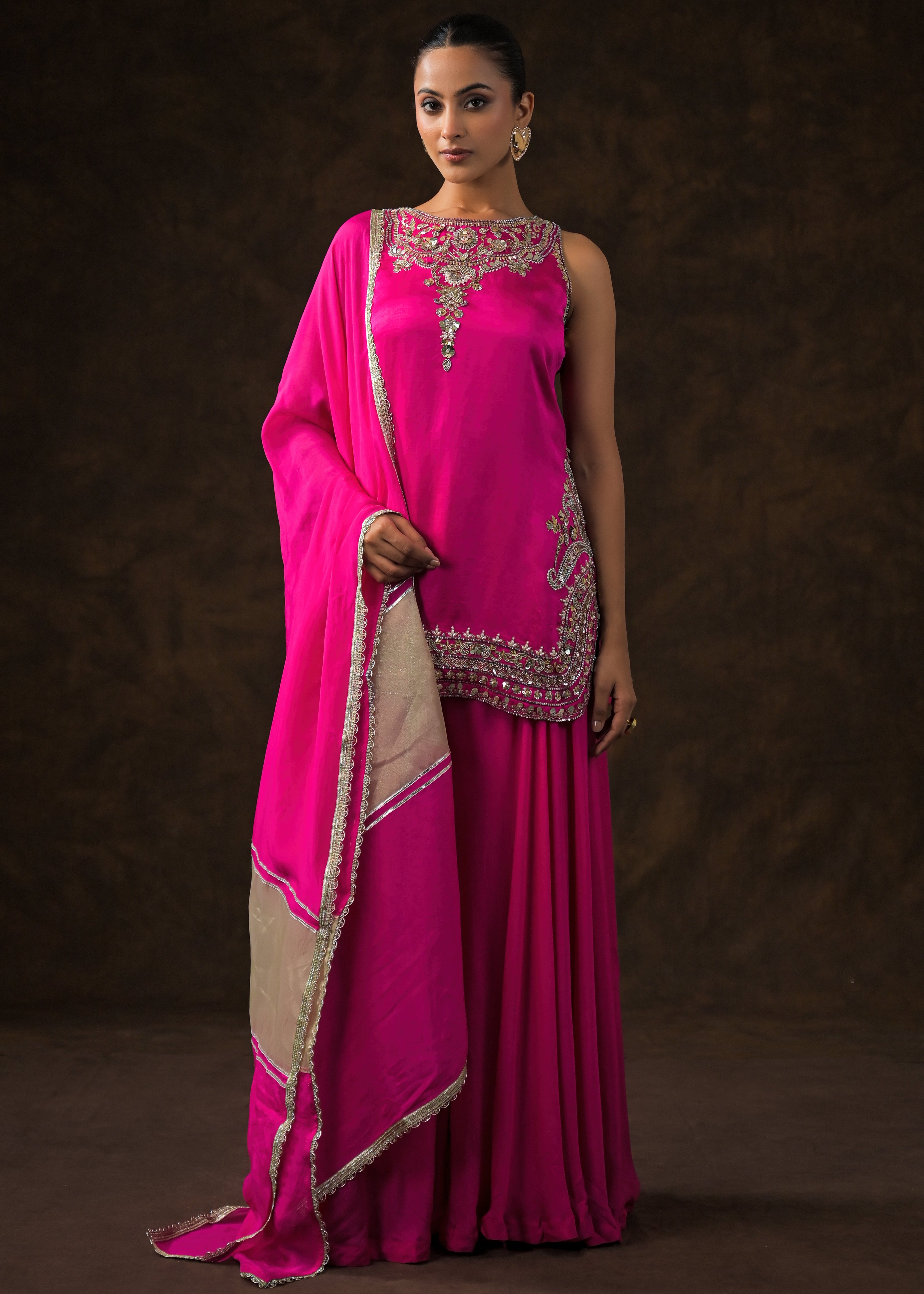 Royal Pink Embellished Satin Silk Palazzo Set