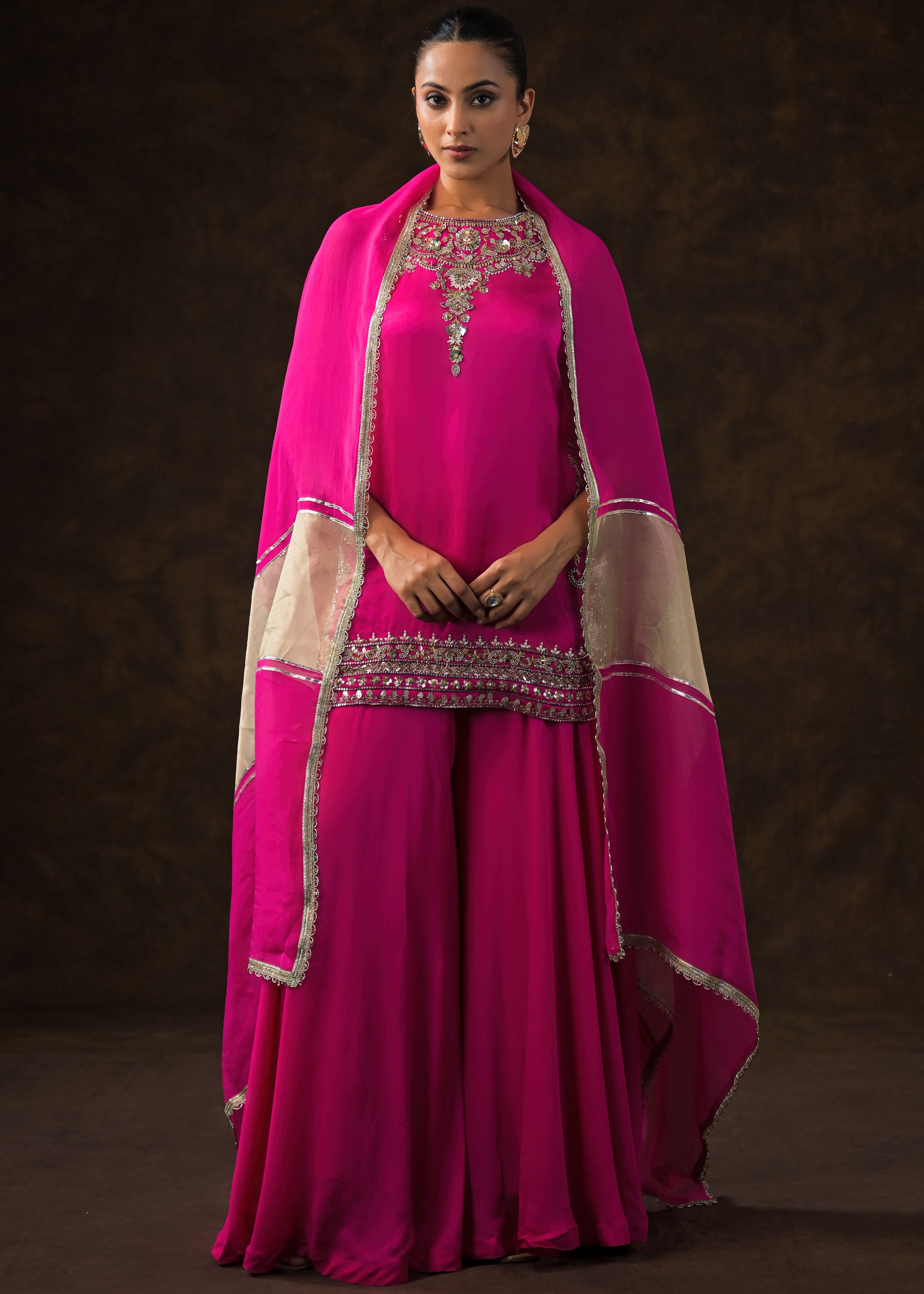 Royal Pink Embellished Satin Silk Palazzo Set