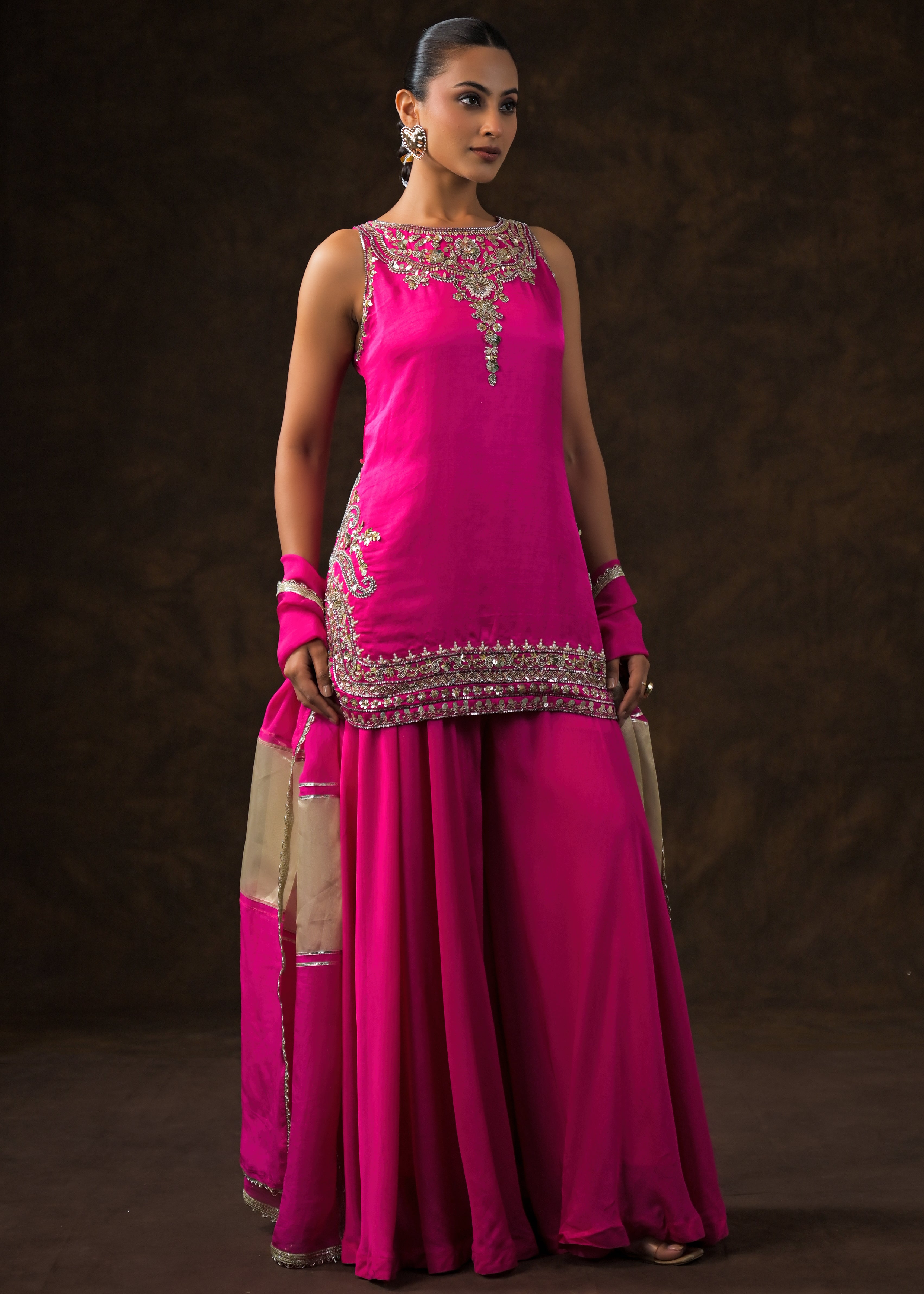 Royal Pink Embellished Satin Silk Palazzo Set