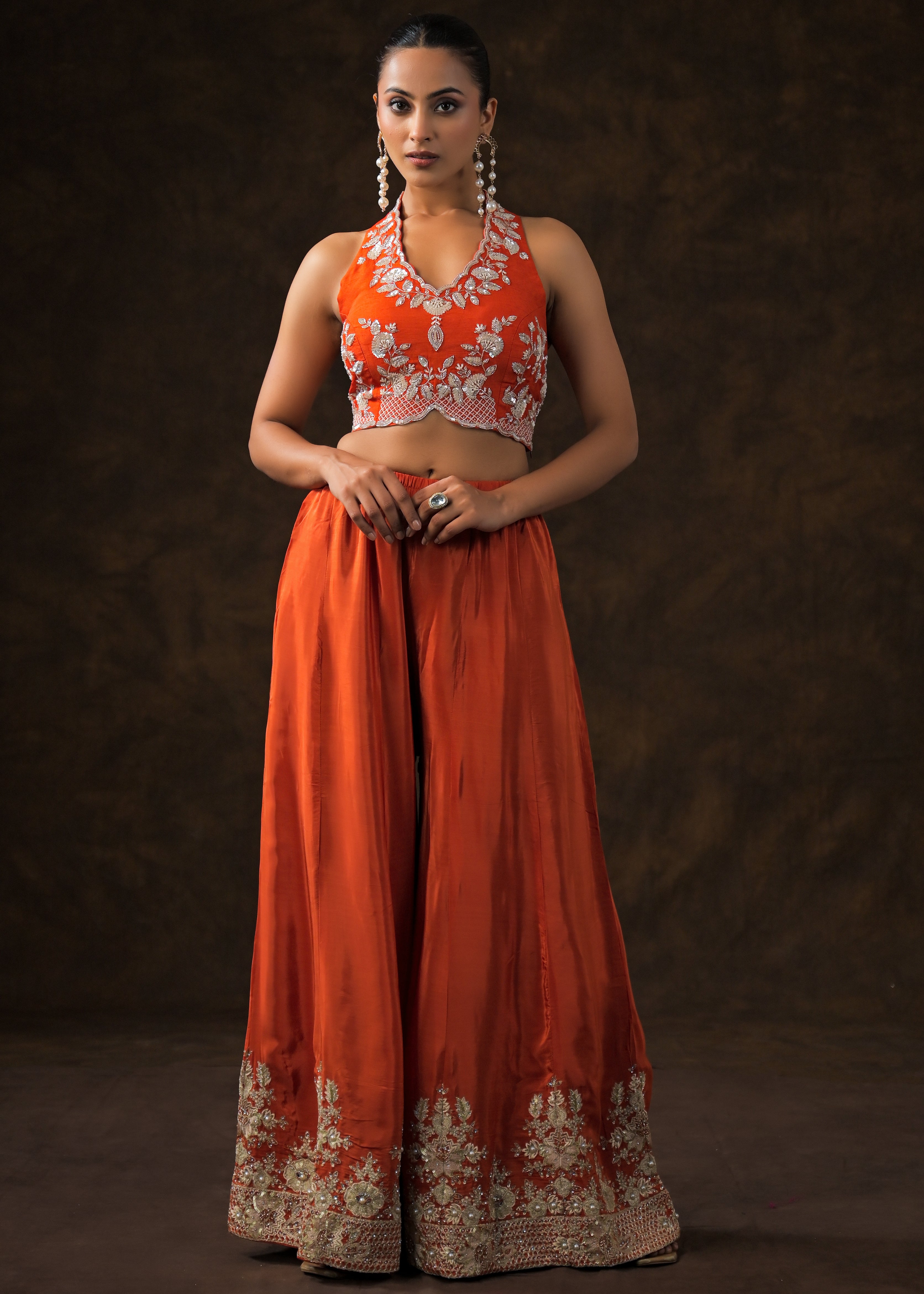 Scarlet Orange Embellished Satin Silk Palazzo Set