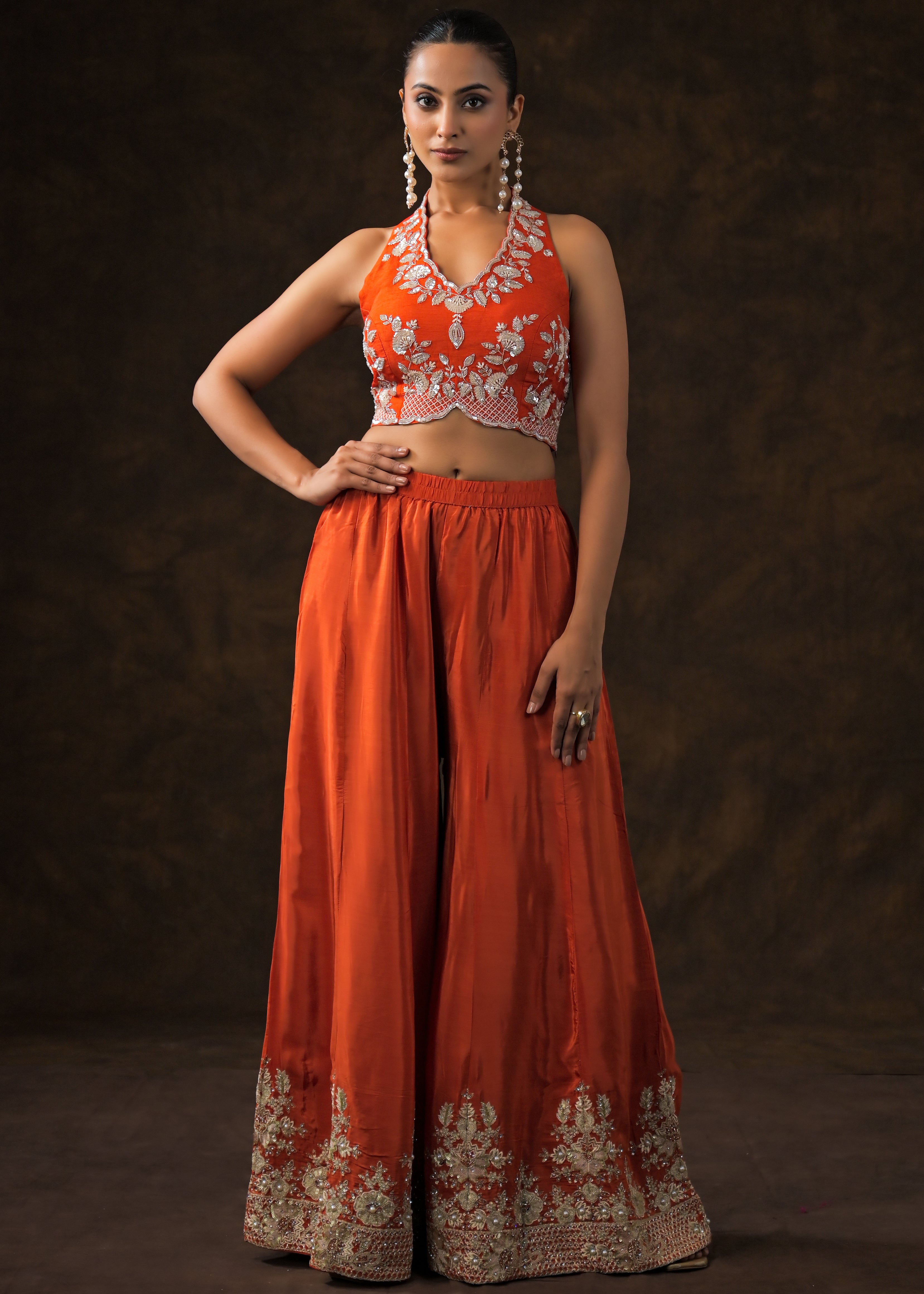 Scarlet Orange Embellished Satin Silk Palazzo Set