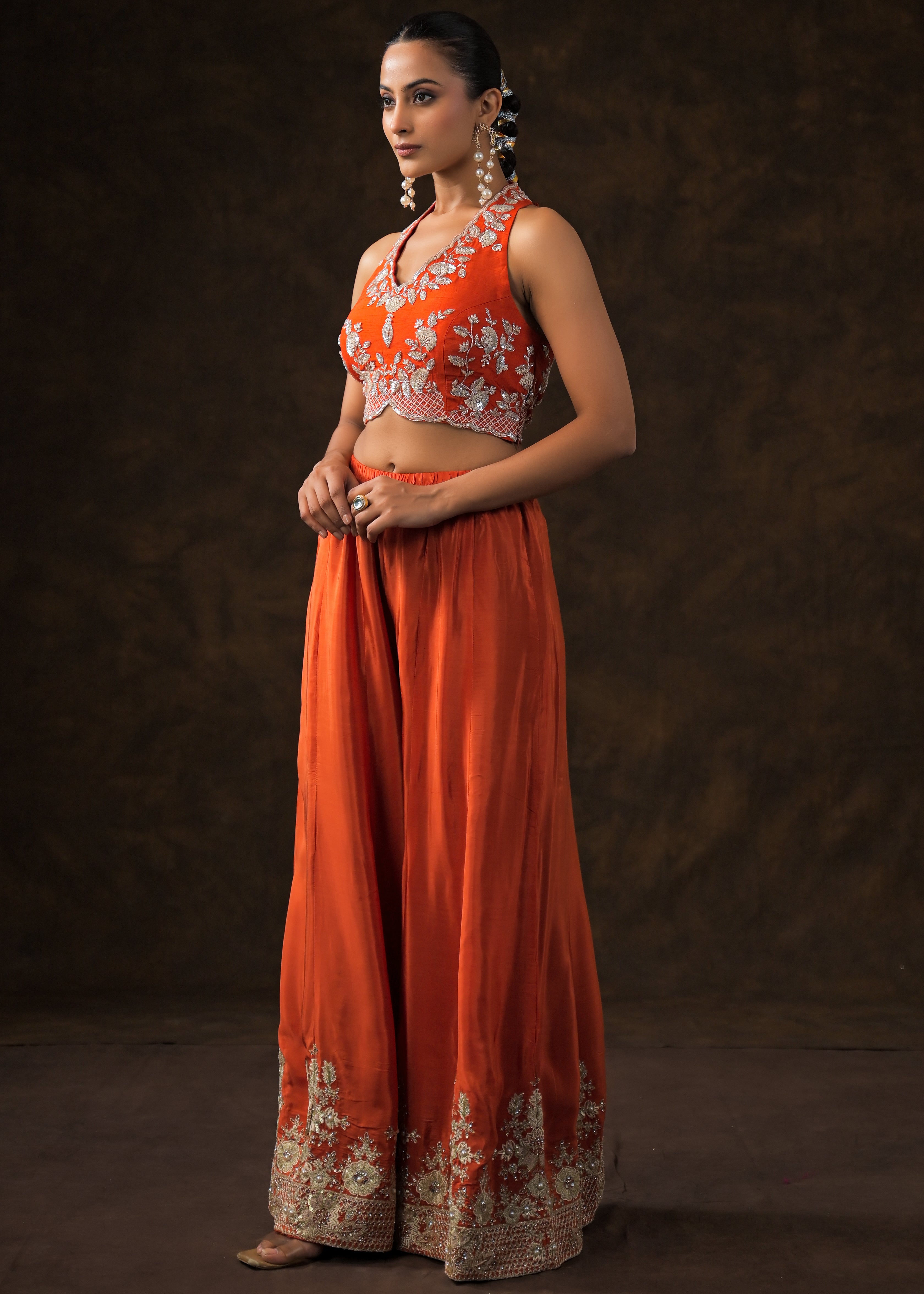 Scarlet Orange Embellished Satin Silk Palazzo Set