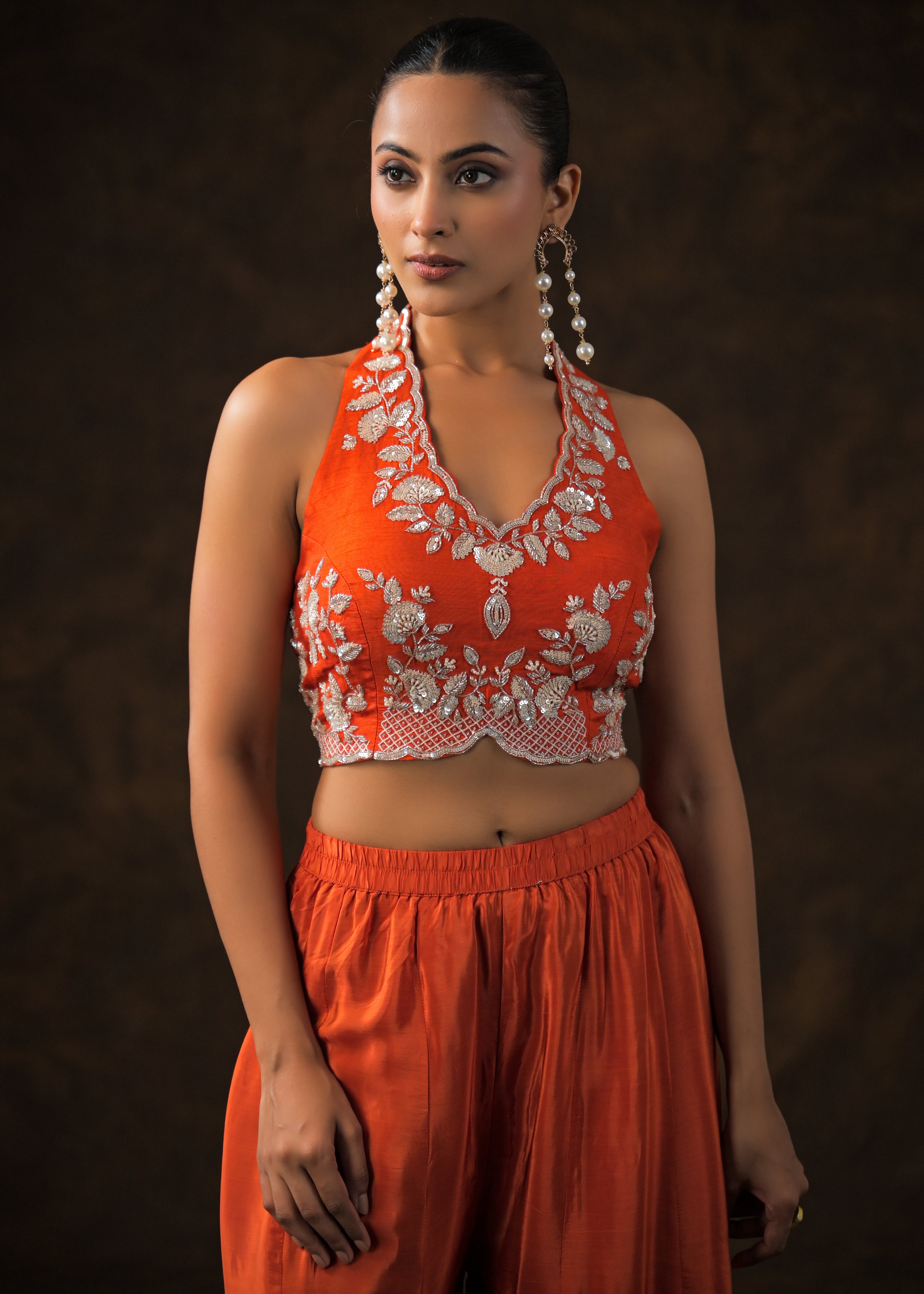 Scarlet Orange Embellished Satin Silk Palazzo Set