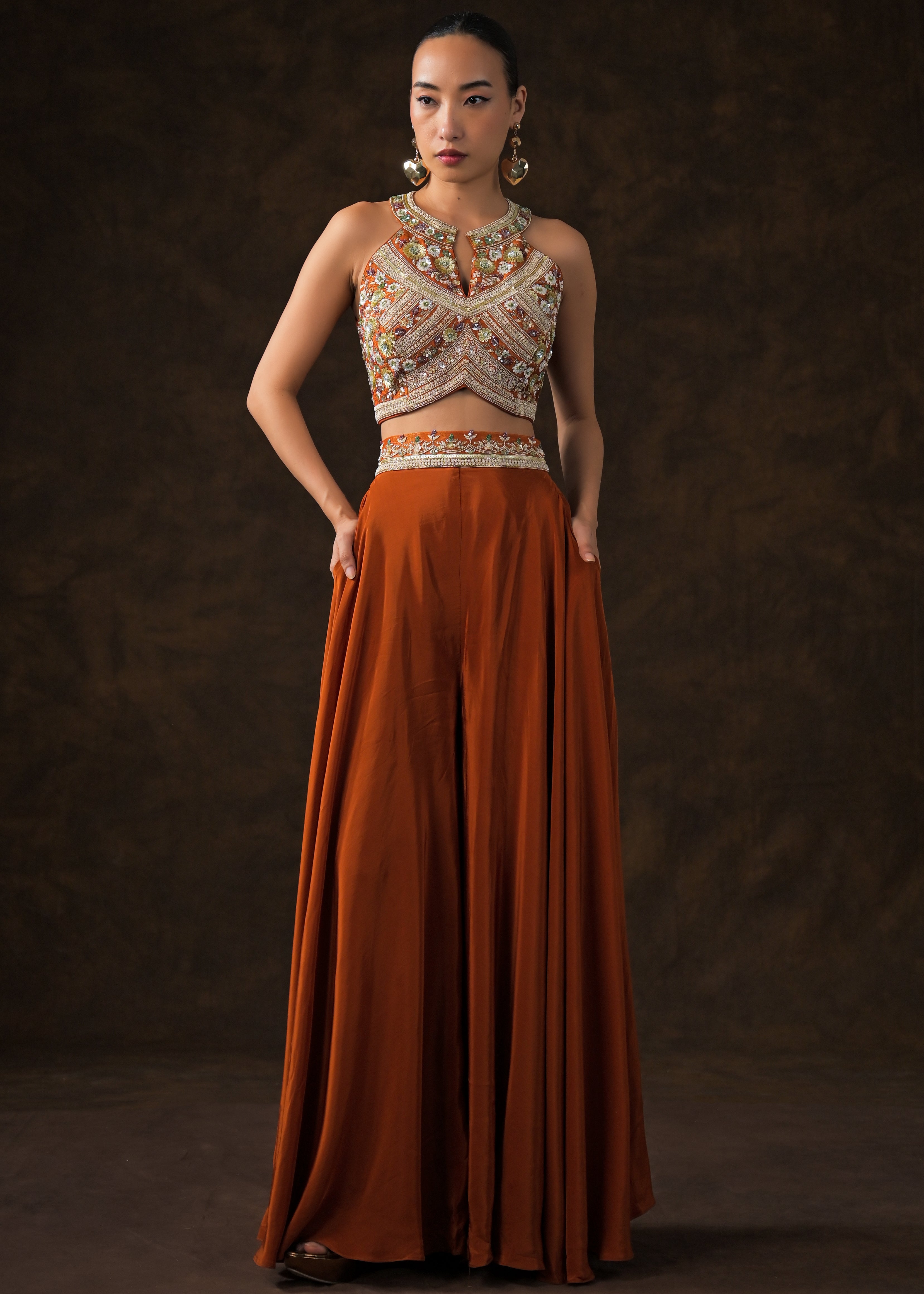Rich Orange Embellished Satin Silk Palazzo Set