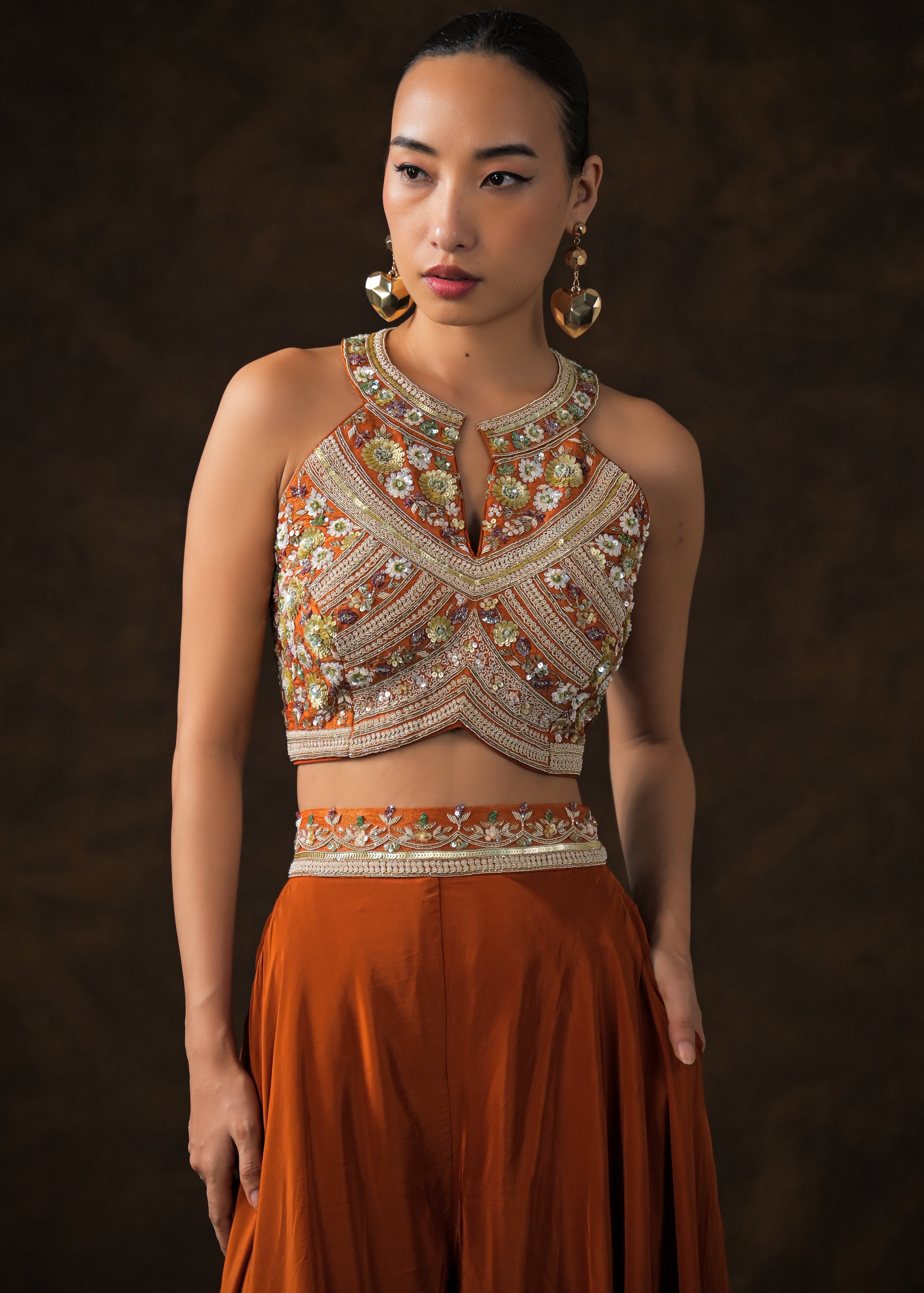 Rich Orange Embellished Satin Silk Palazzo Set