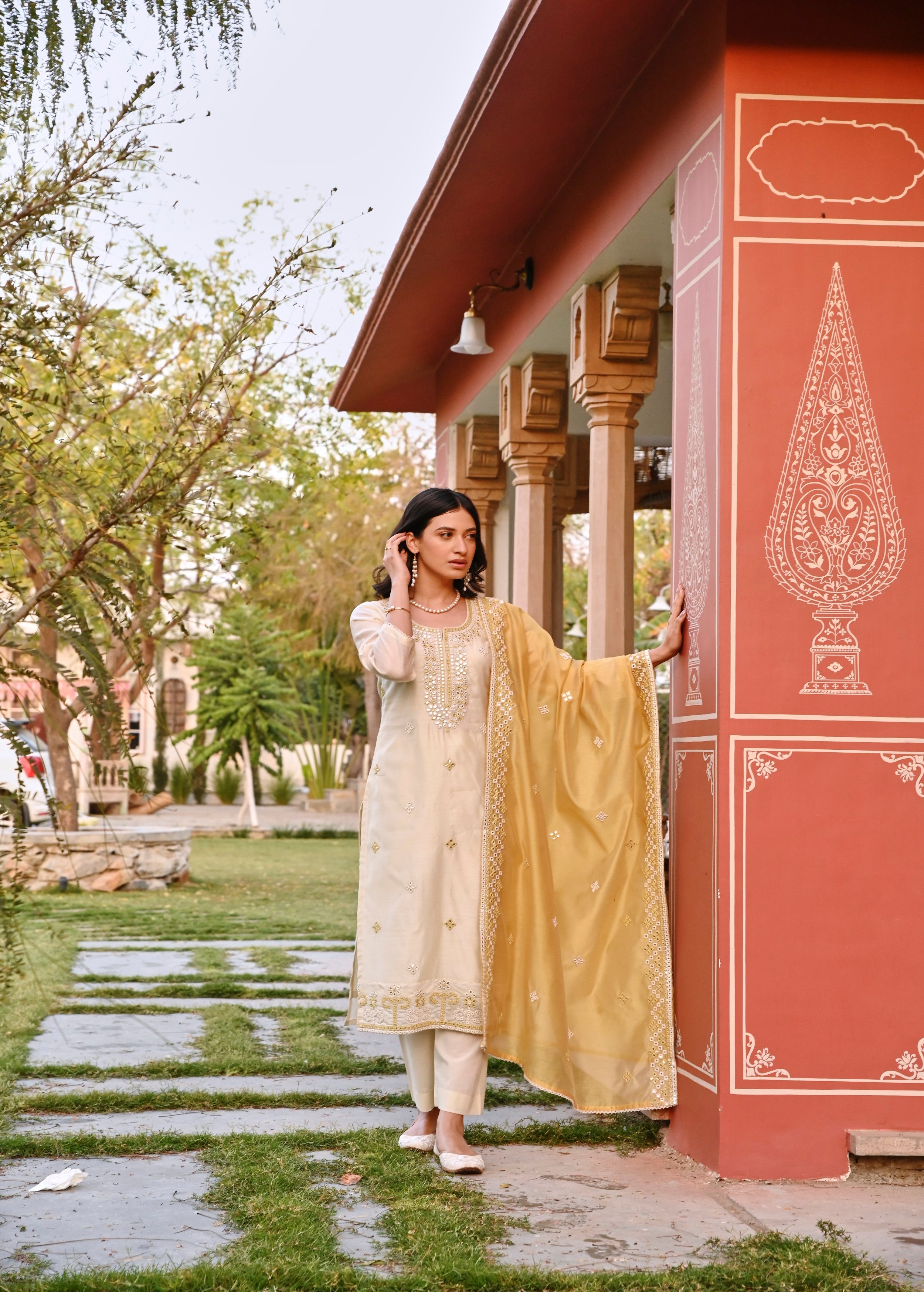 Pearl White Embellished Chanderi Silk Pant Set