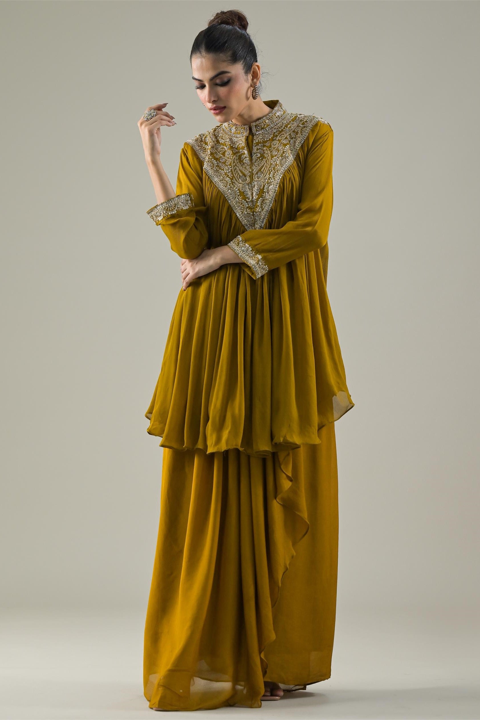 Ochre Yellow Embroidered Chinon Silk Kurta & Skirt Set