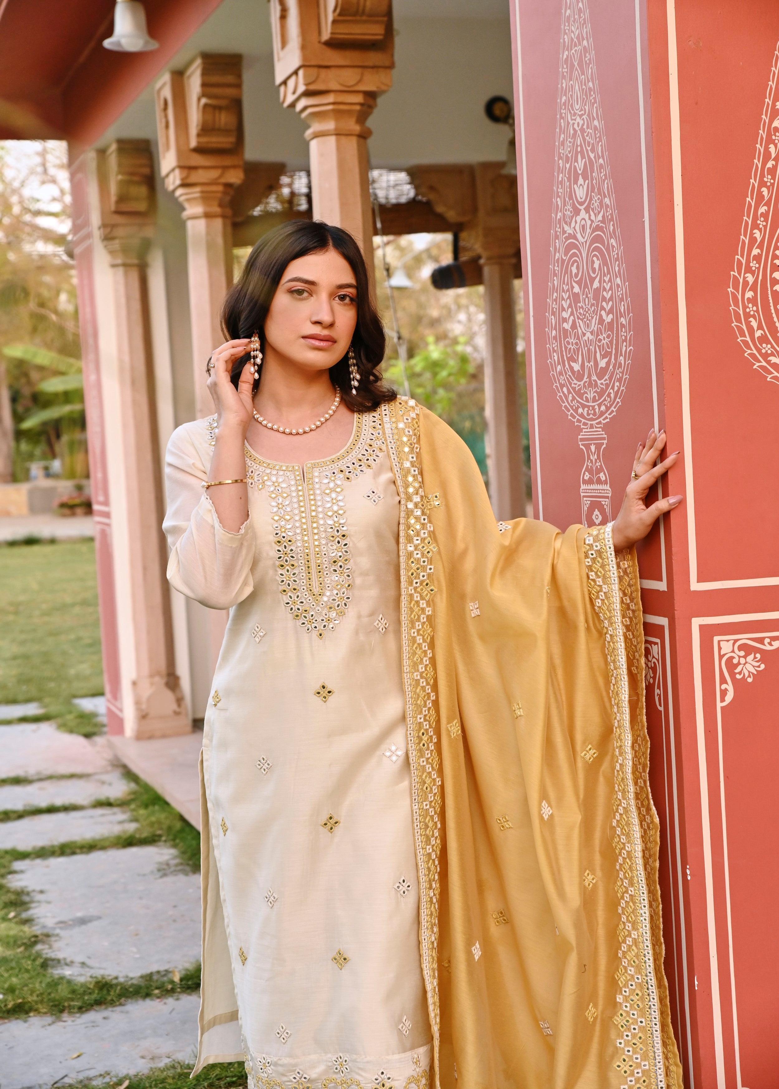 Pearl White Embellished Chanderi Silk Pant Set
