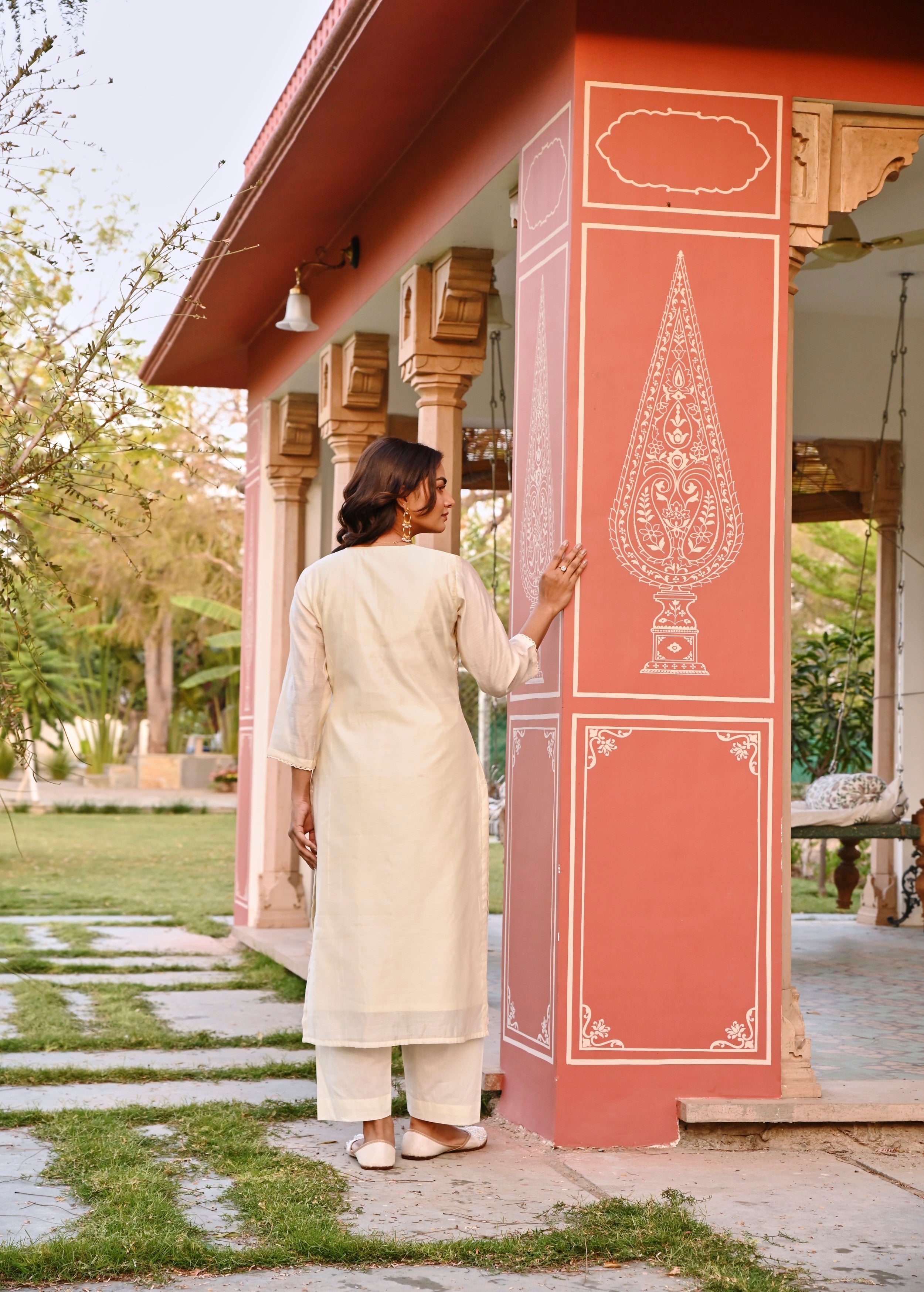 Cream Embellished Chanderi Silk Pant Set