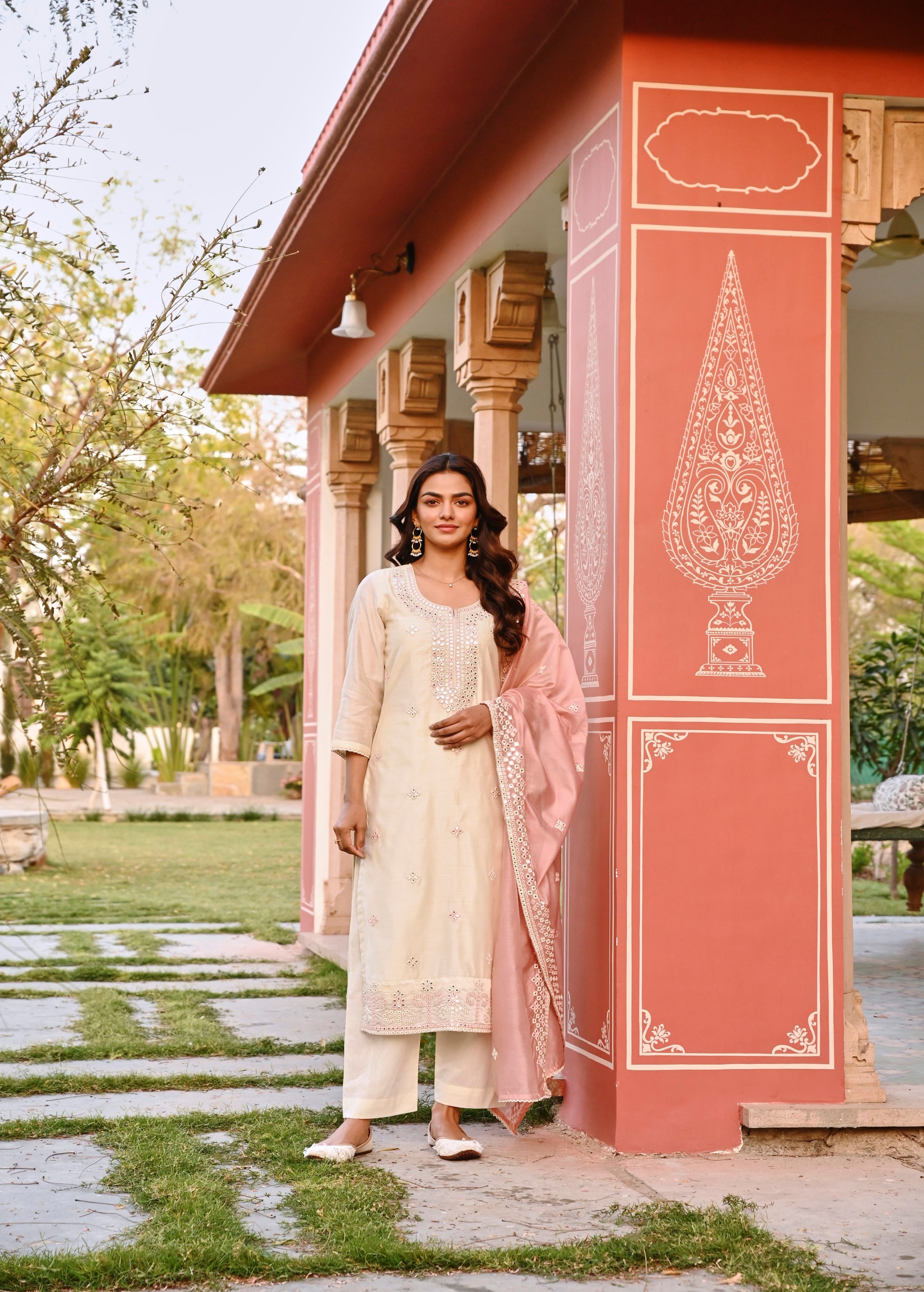Cream Embellished Chanderi Silk Pant Set