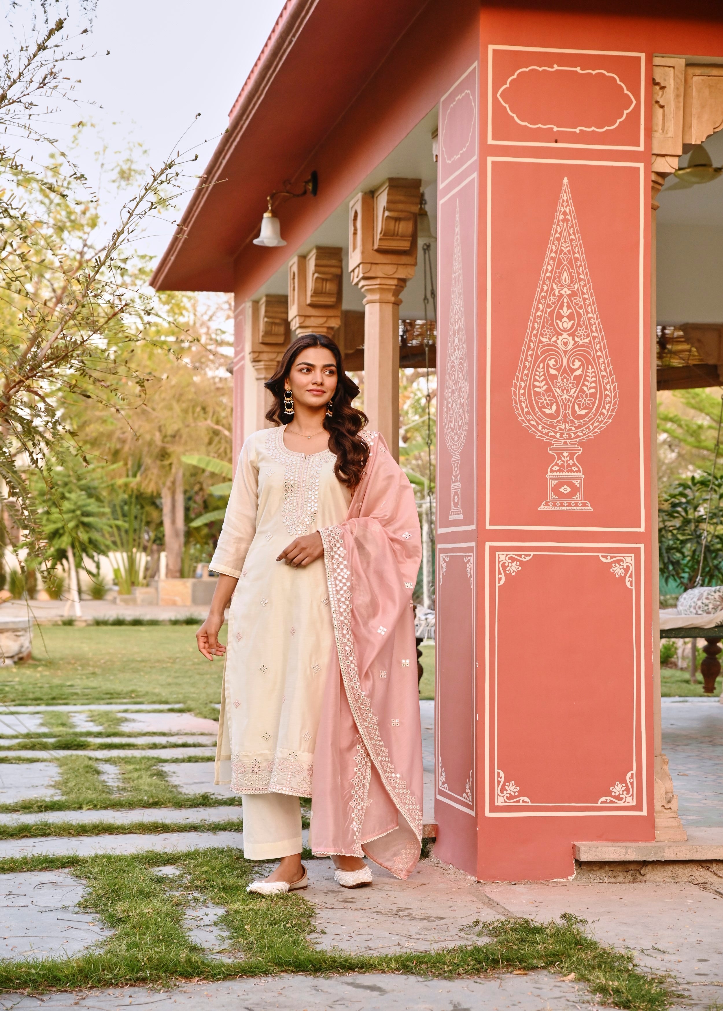 Cream Embellished Chanderi Silk Pant Set