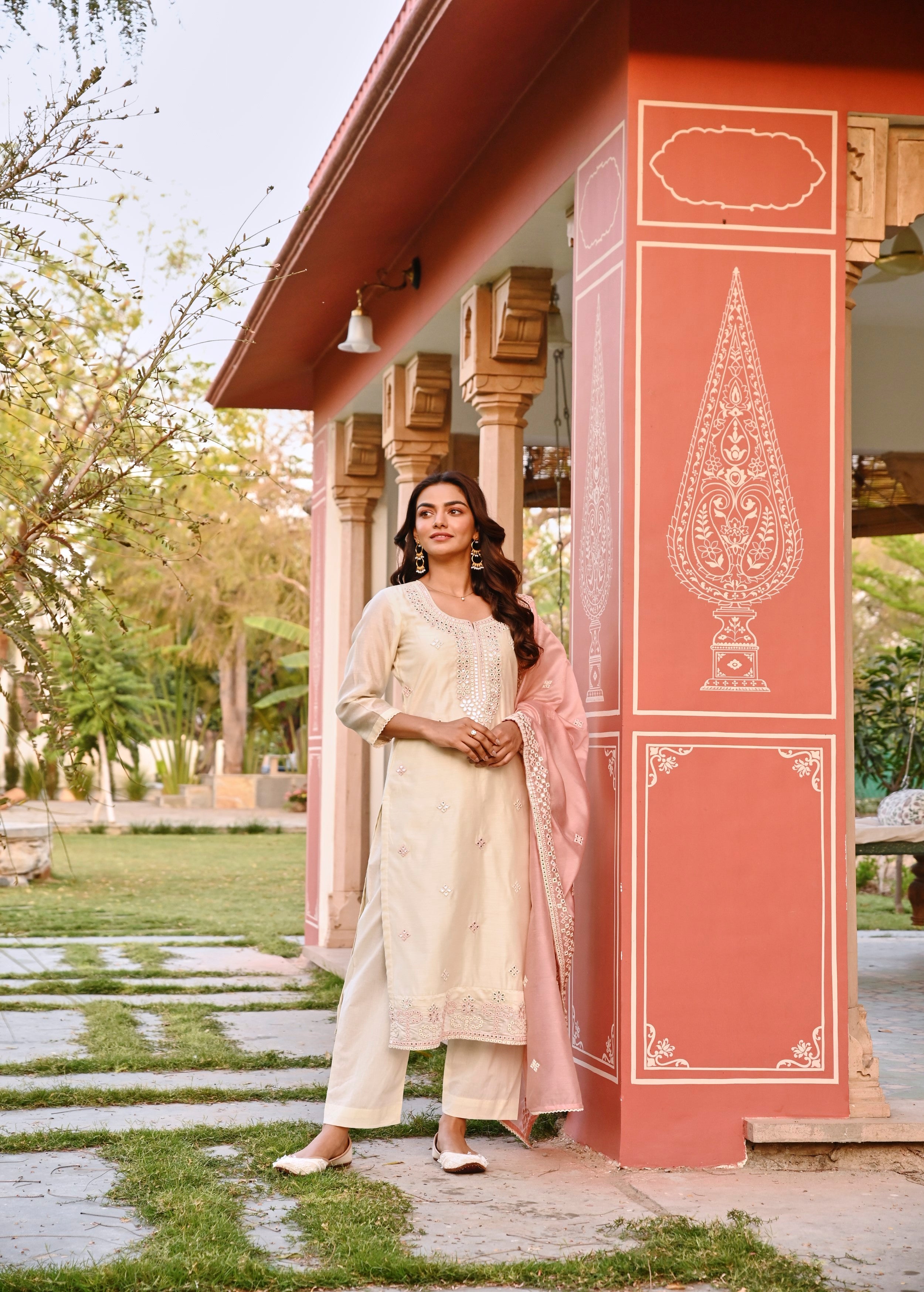Cream Embellished Chanderi Silk Pant Set