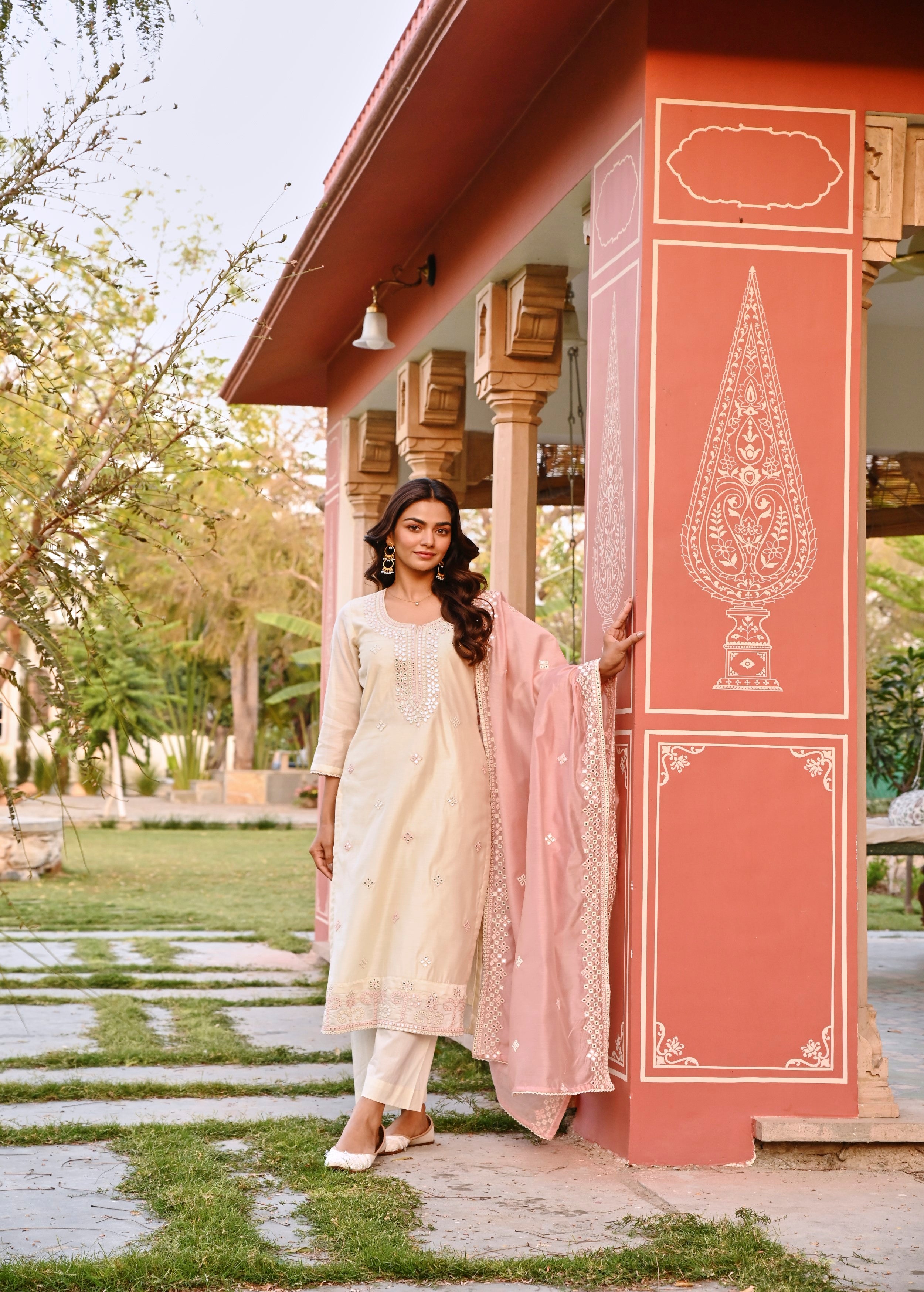 Cream Embellished Chanderi Silk Pant Set