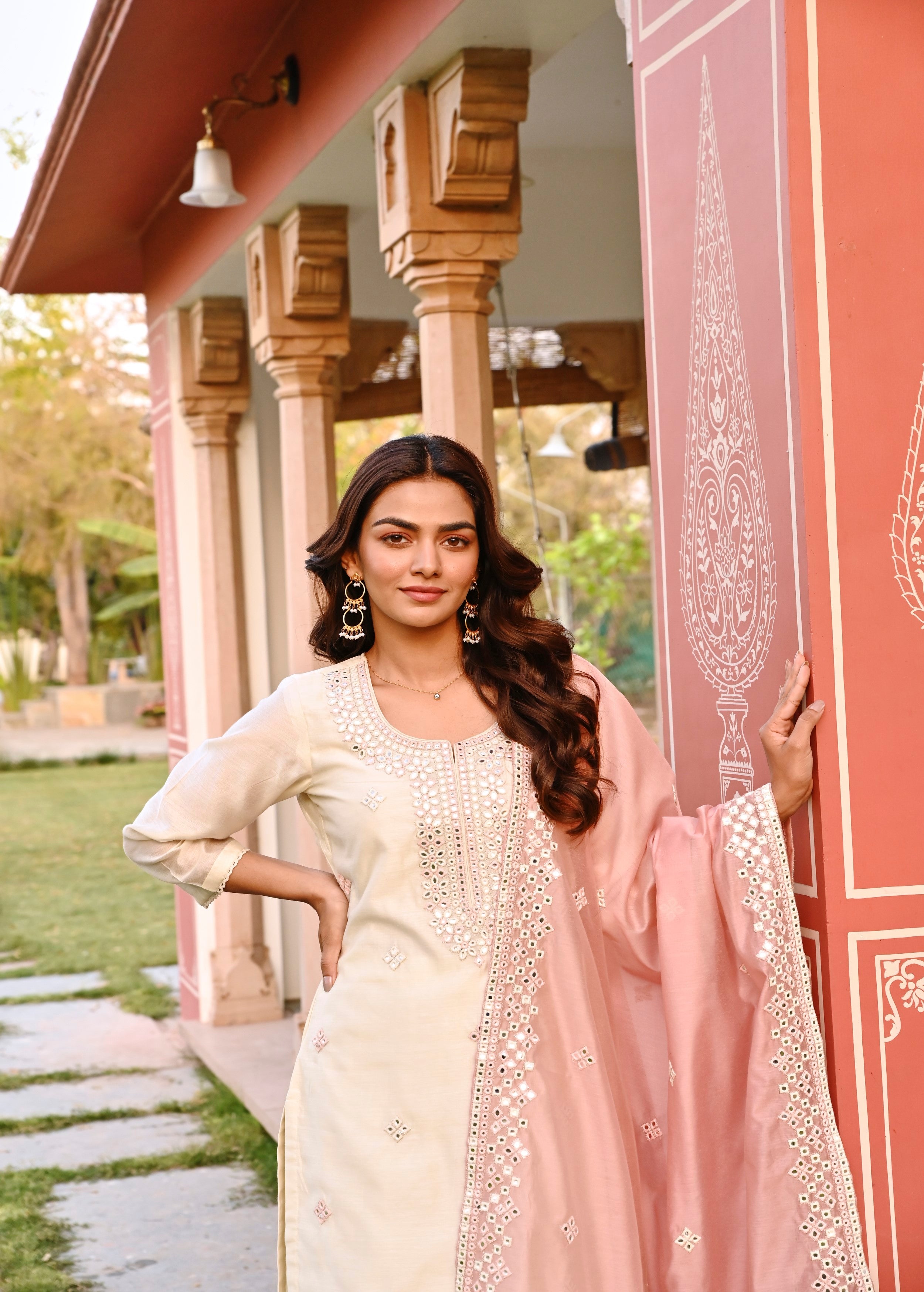 Cream Embellished Chanderi Silk Pant Set