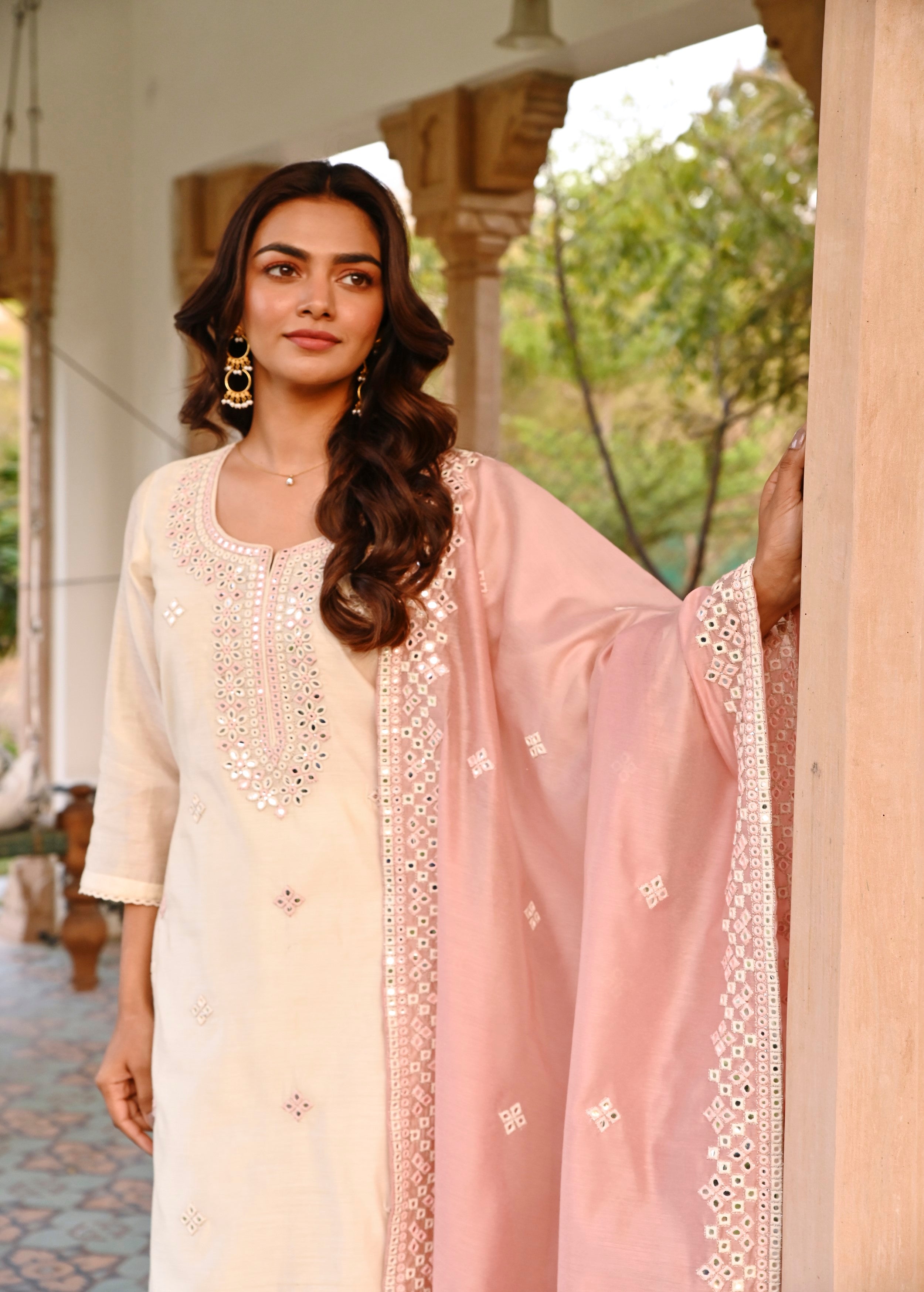 Cream Embellished Chanderi Silk Pant Set