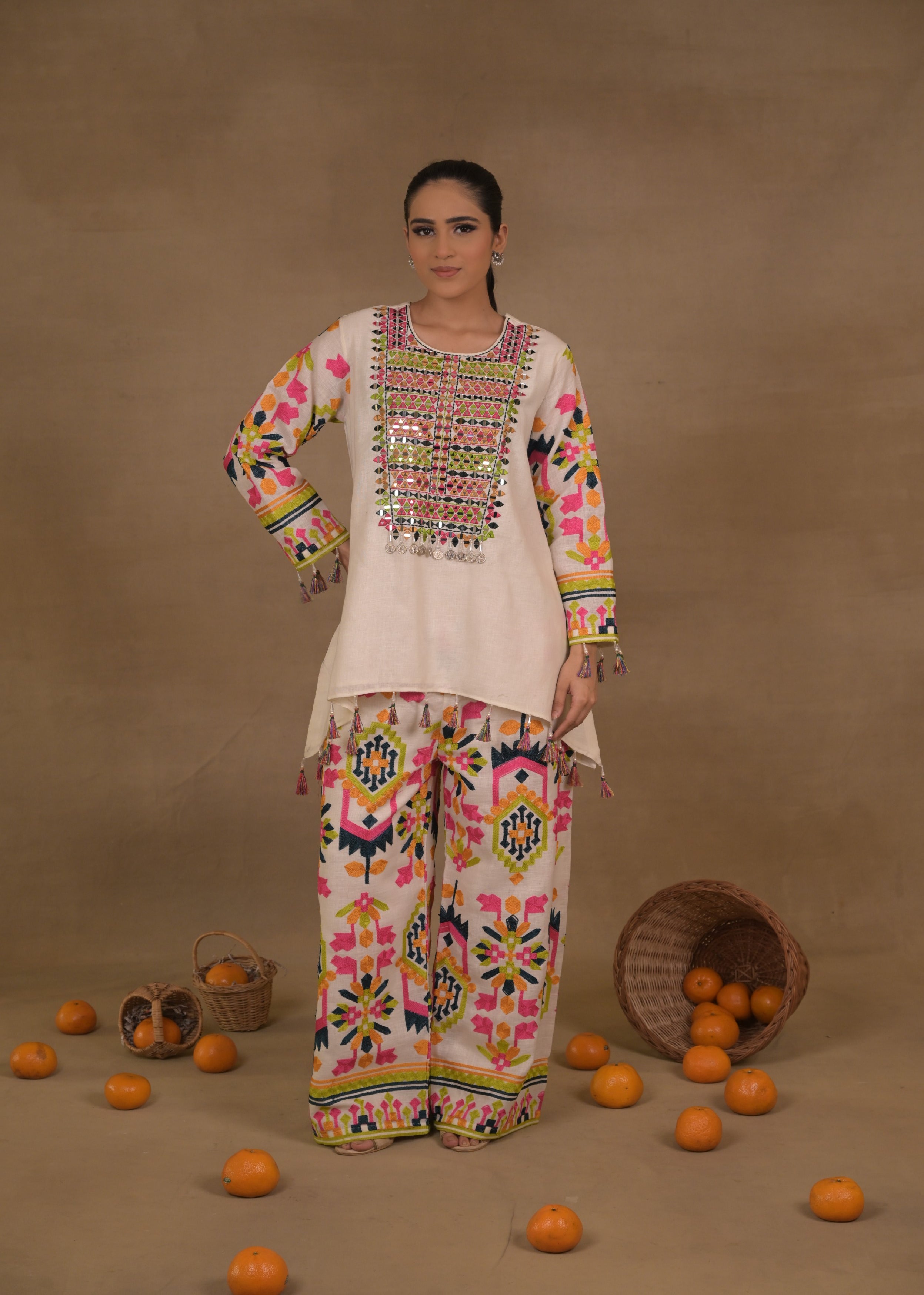 Ivory Mosaic Embroidered Linen Co-Ord Set