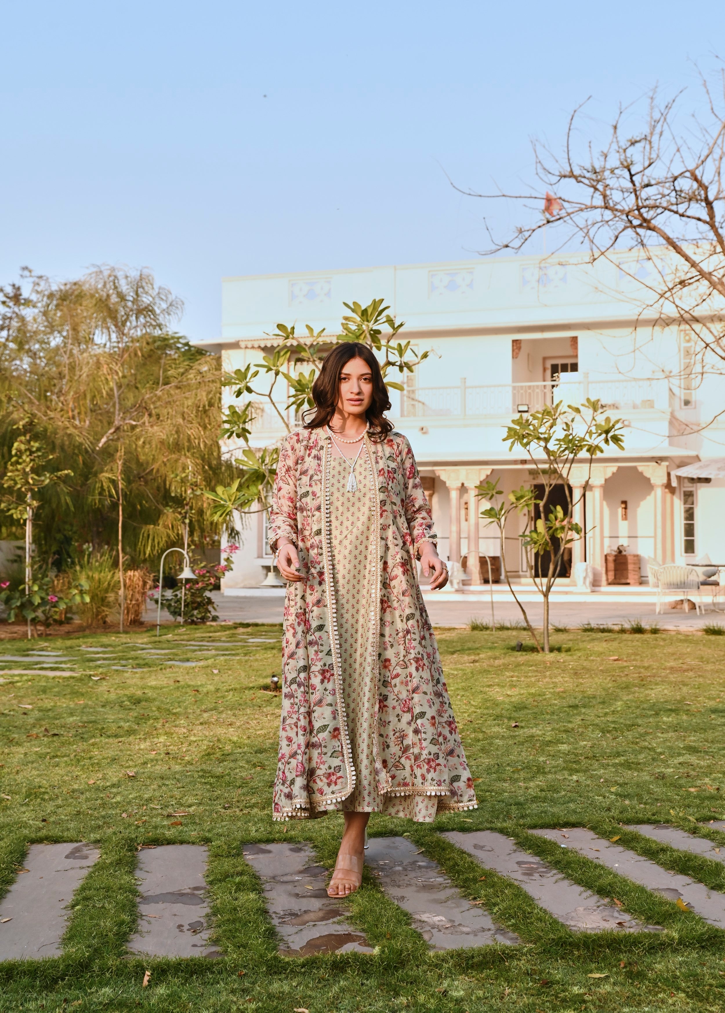 Pista Green Printed Chanderi Silk Tunic Dress