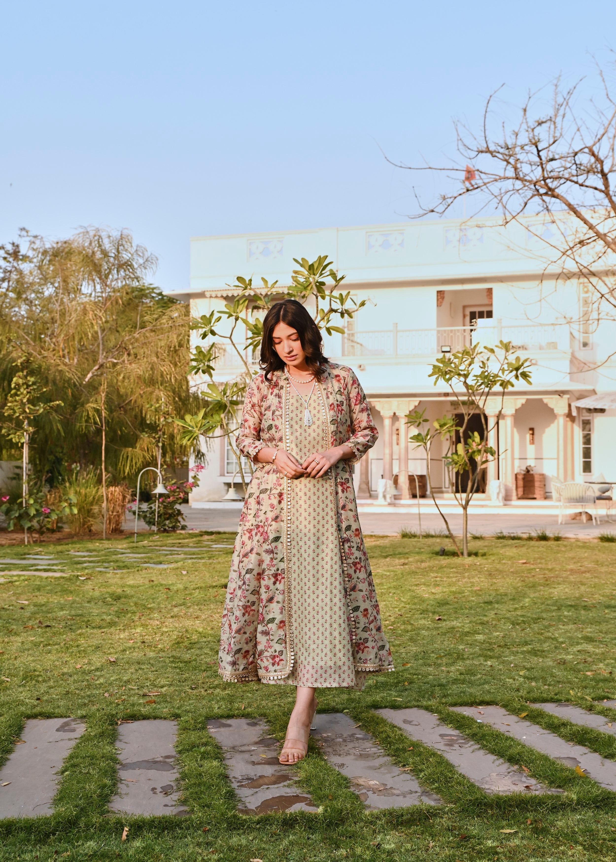 Pista Green Printed Chanderi Silk Tunic Dress