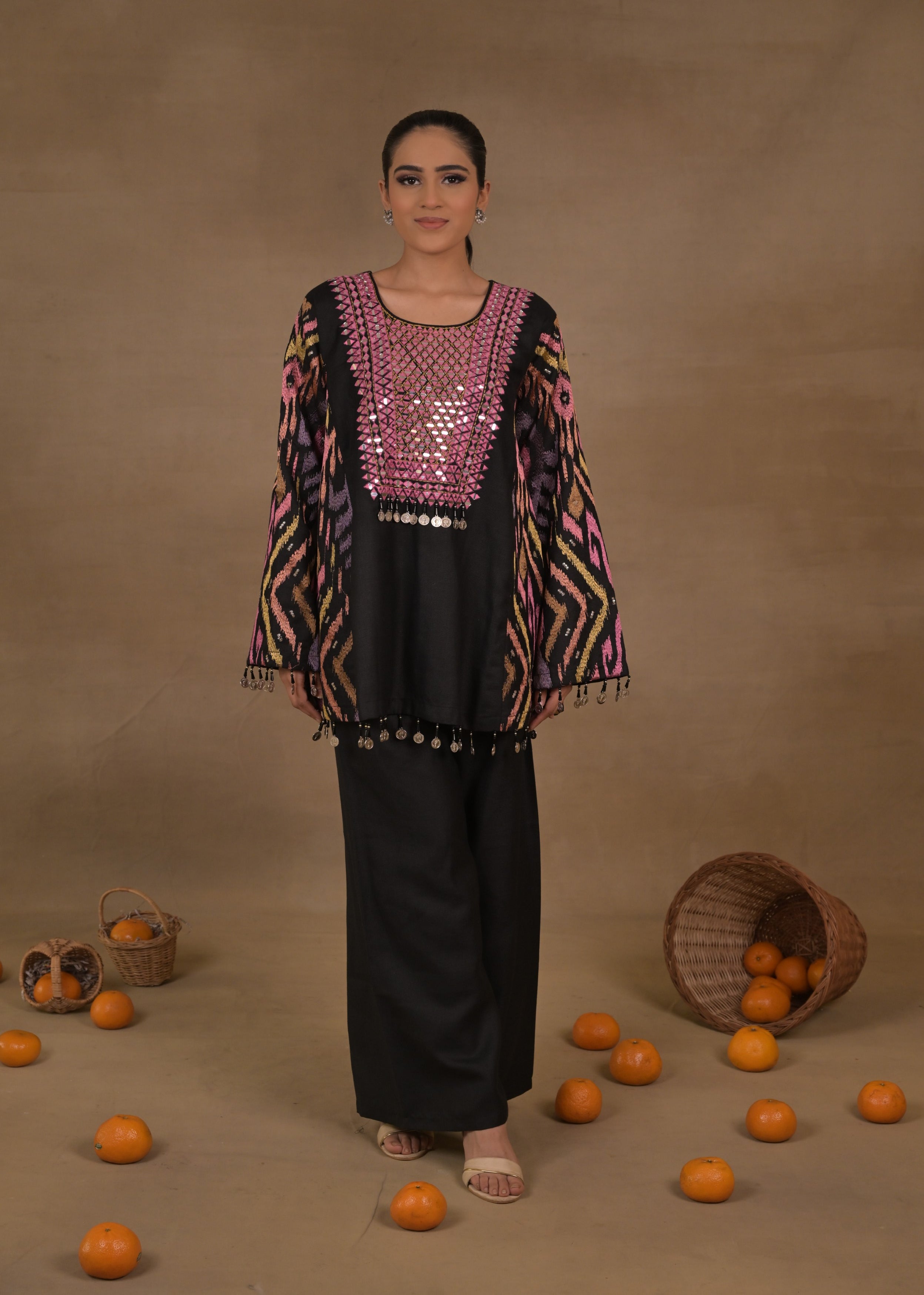 Obsidian Black Ikat Embellished Linen Co-Ord Set