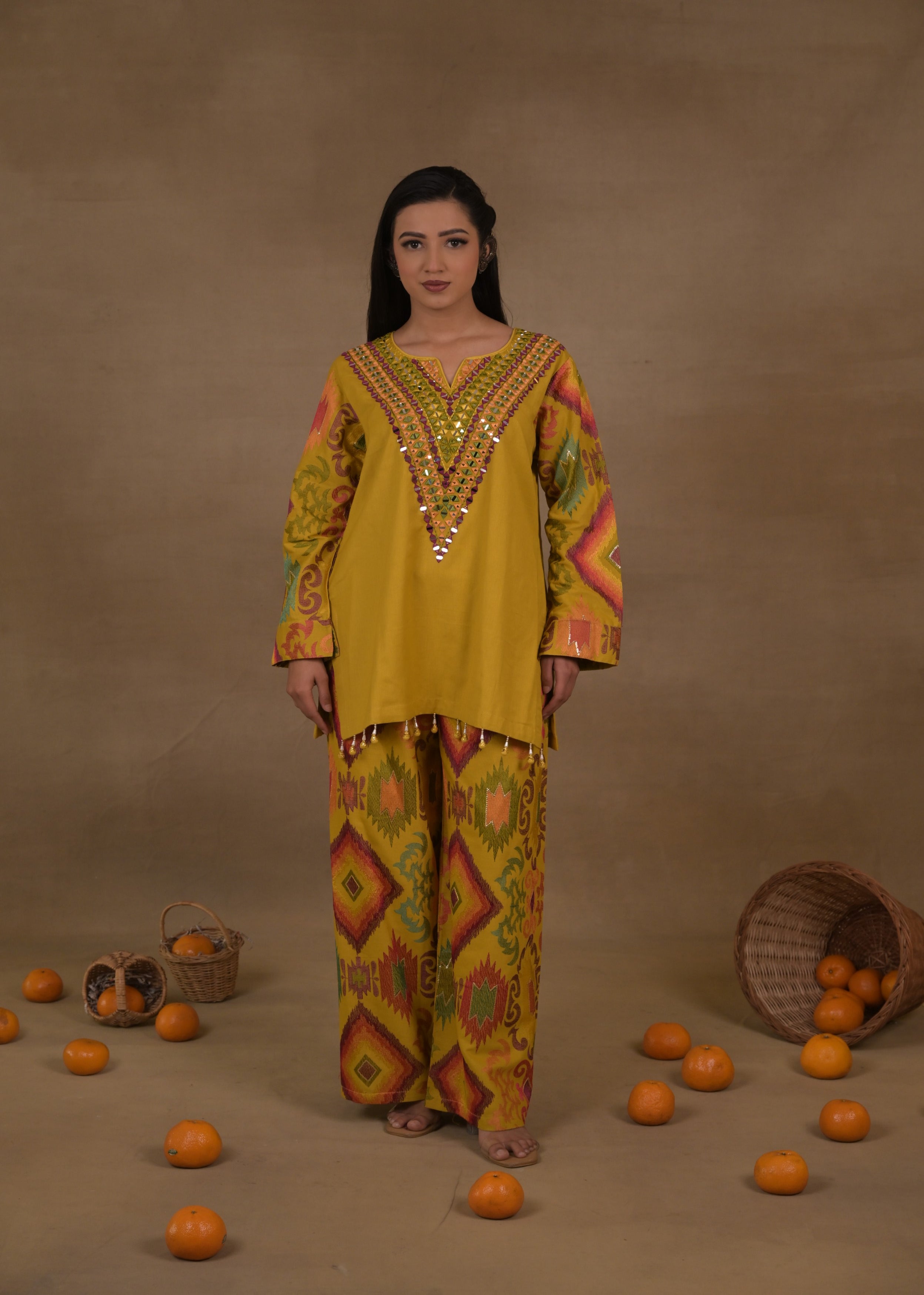 Deep Mustard Embellished Linen Co-Ord Set