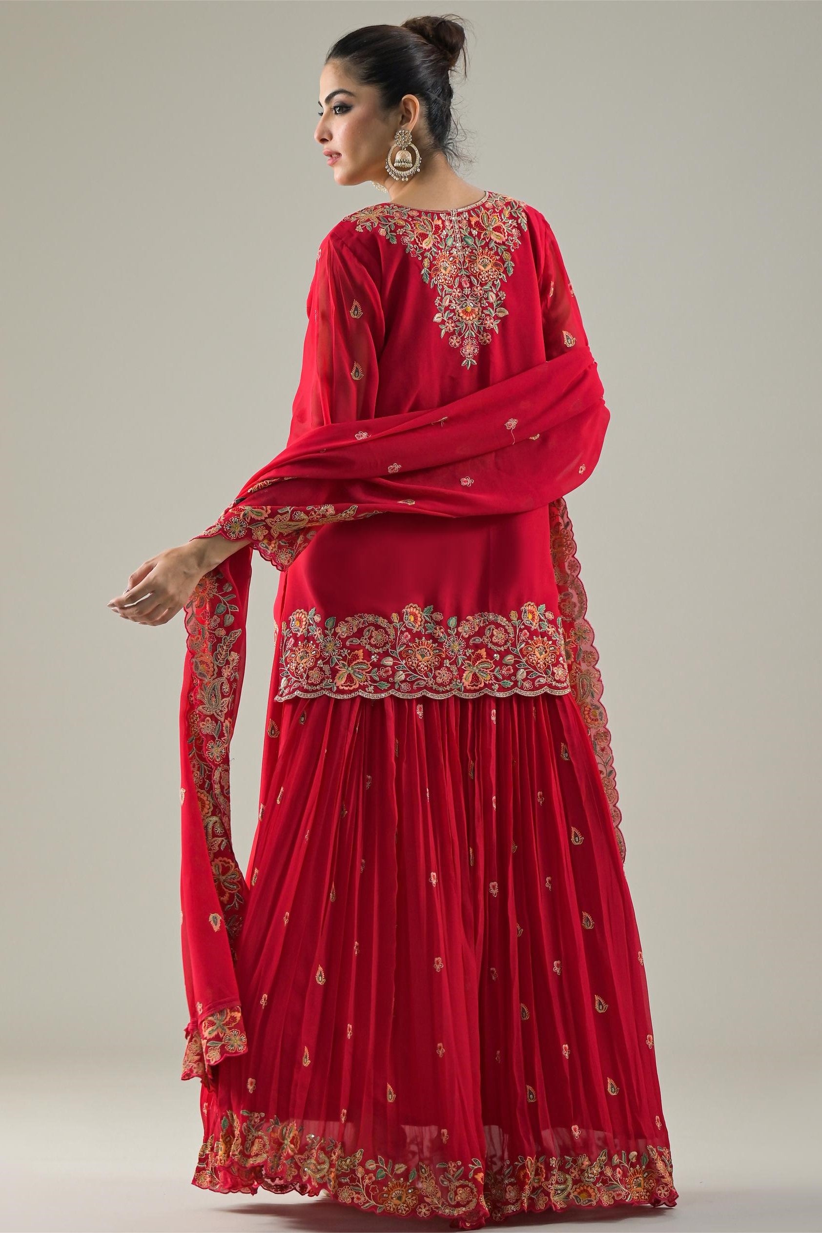Rani Pink Embroidered Georgette Silk Skirt Set