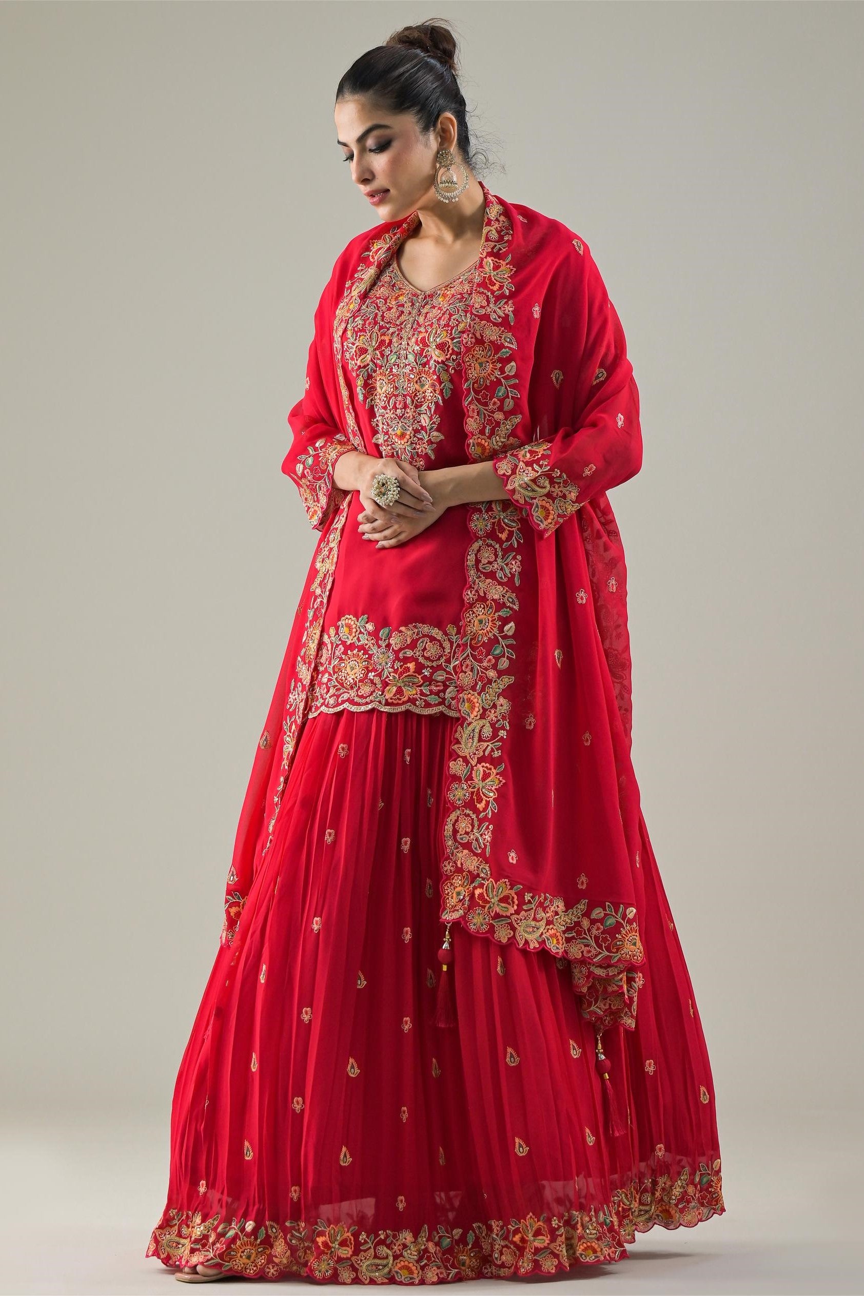 Rani Pink Embroidered Georgette Silk Skirt Set