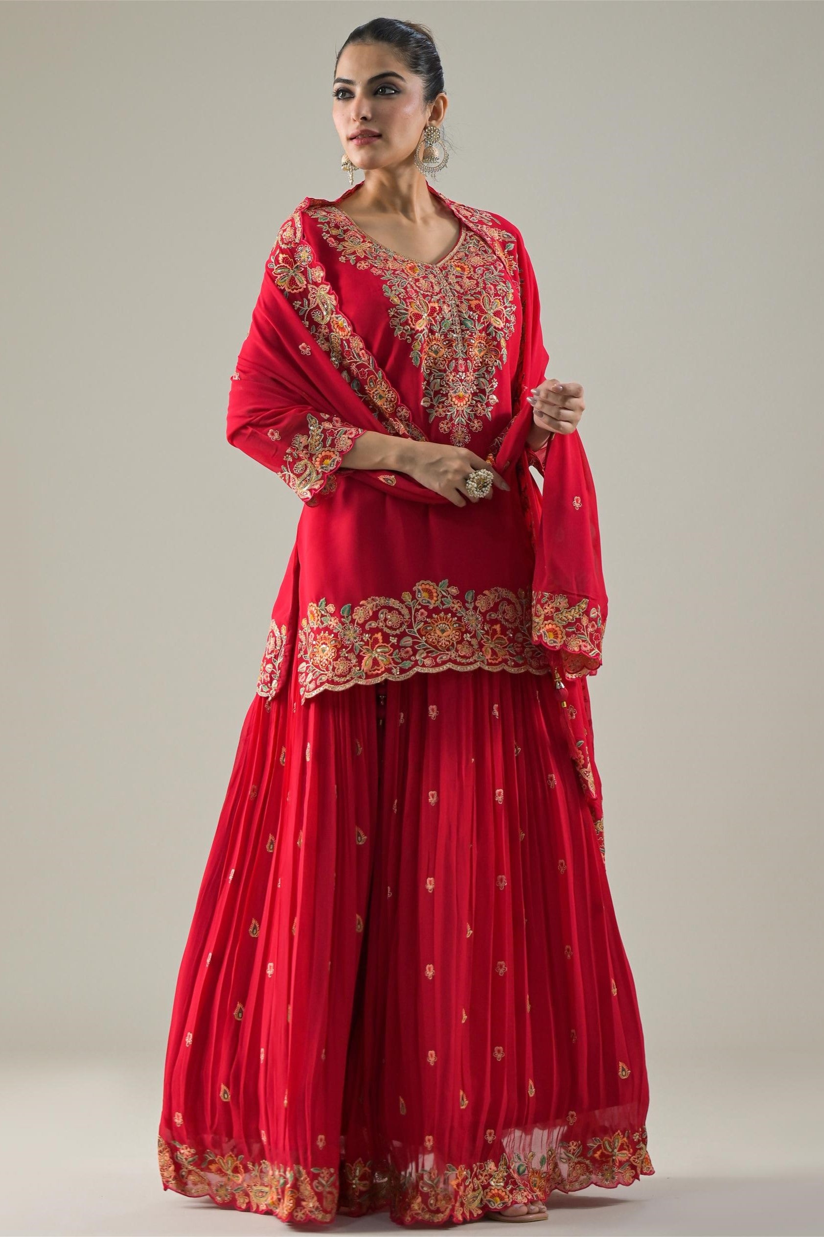 Rani Pink Embroidered Georgette Silk Skirt Set
