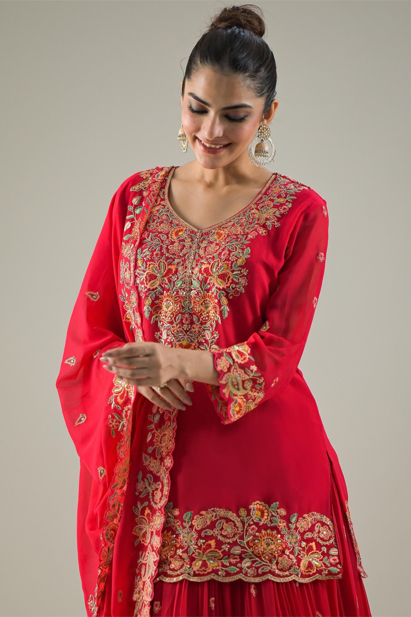 Rani Pink Embroidered Georgette Silk Skirt Set