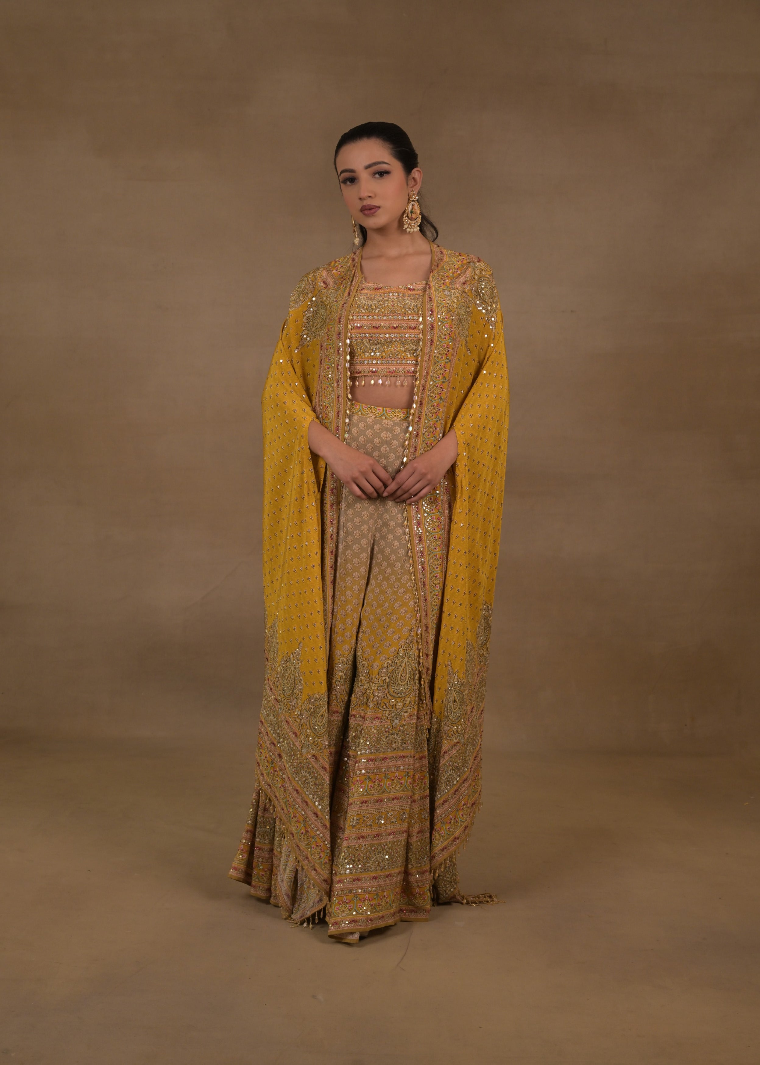 Sun Ochre Embellished Crepe Silk Cape Set