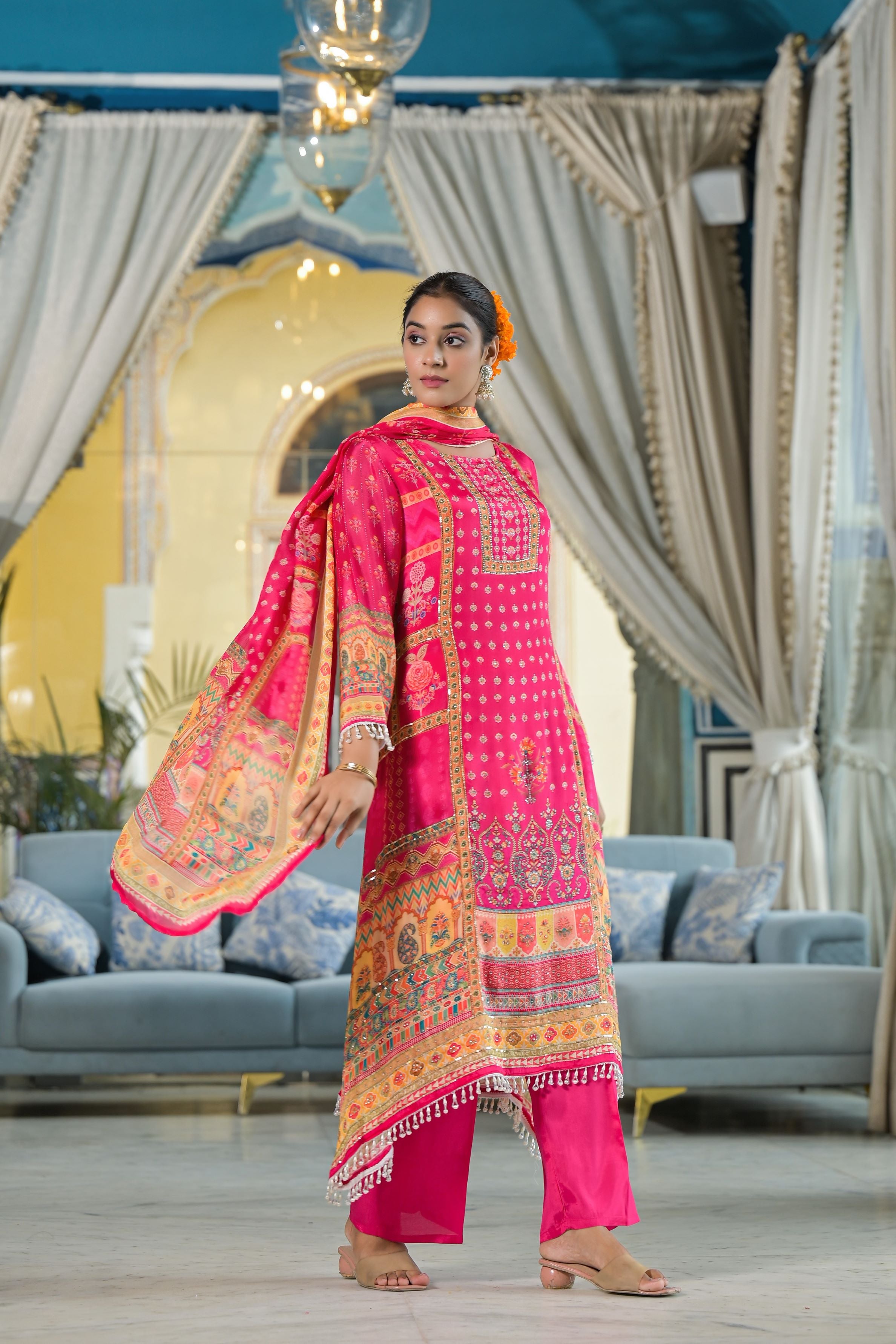 Dark Pink Ethnic Printed Chinon Silk Pants Set