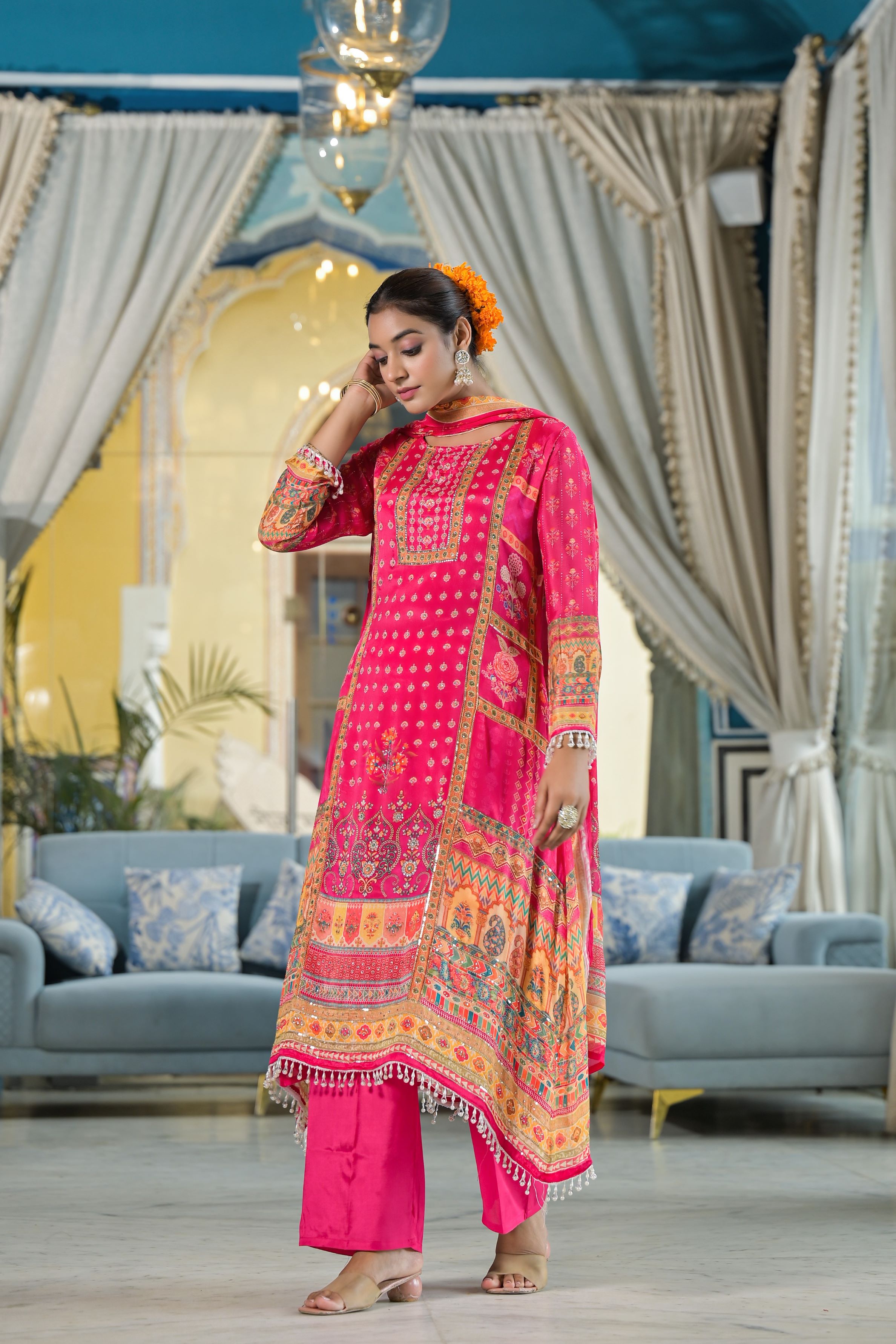 Dark Pink Ethnic Printed Chinon Silk Pants Set