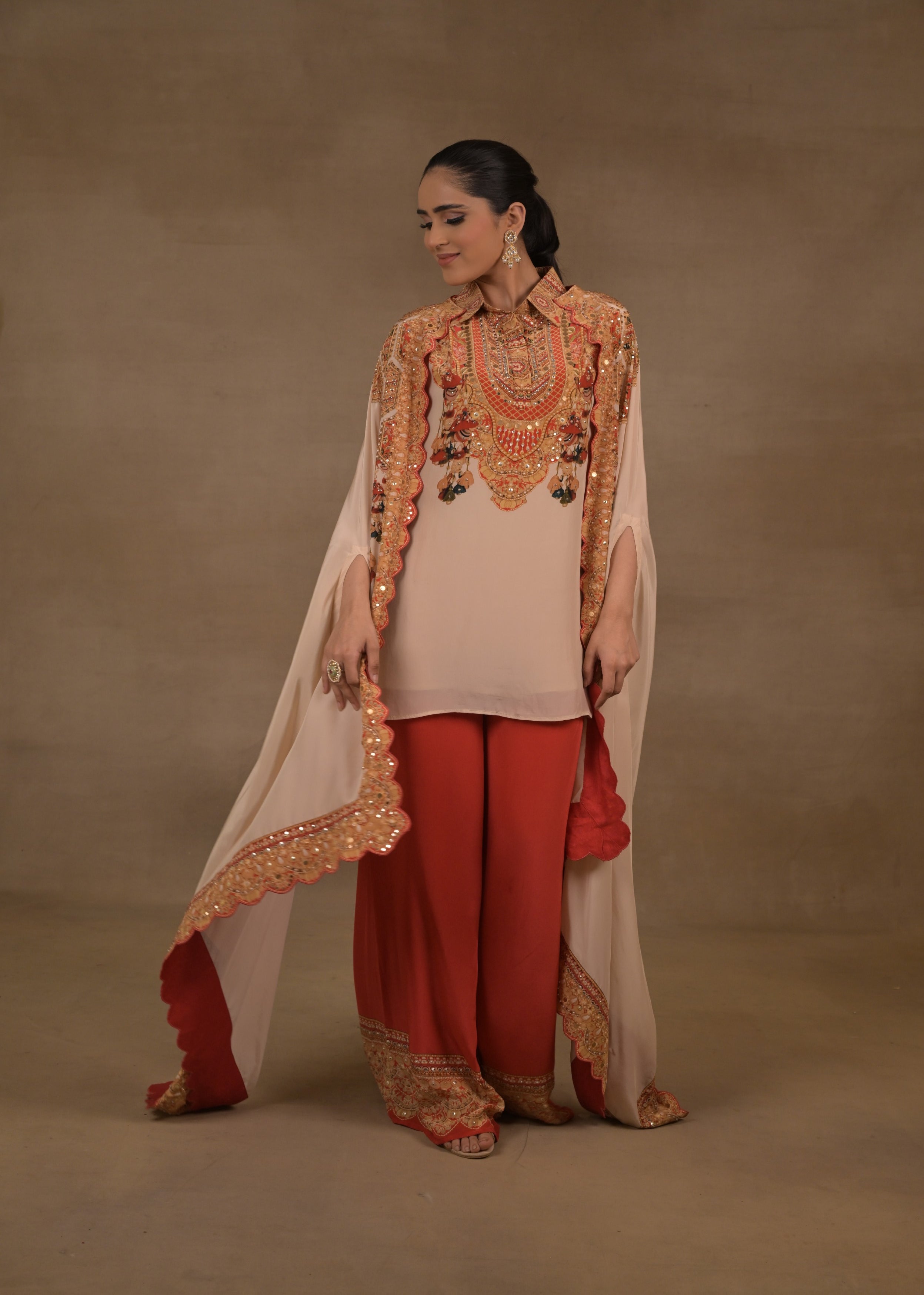 Rust Ivory Embellished Crepe Silk Cape Set