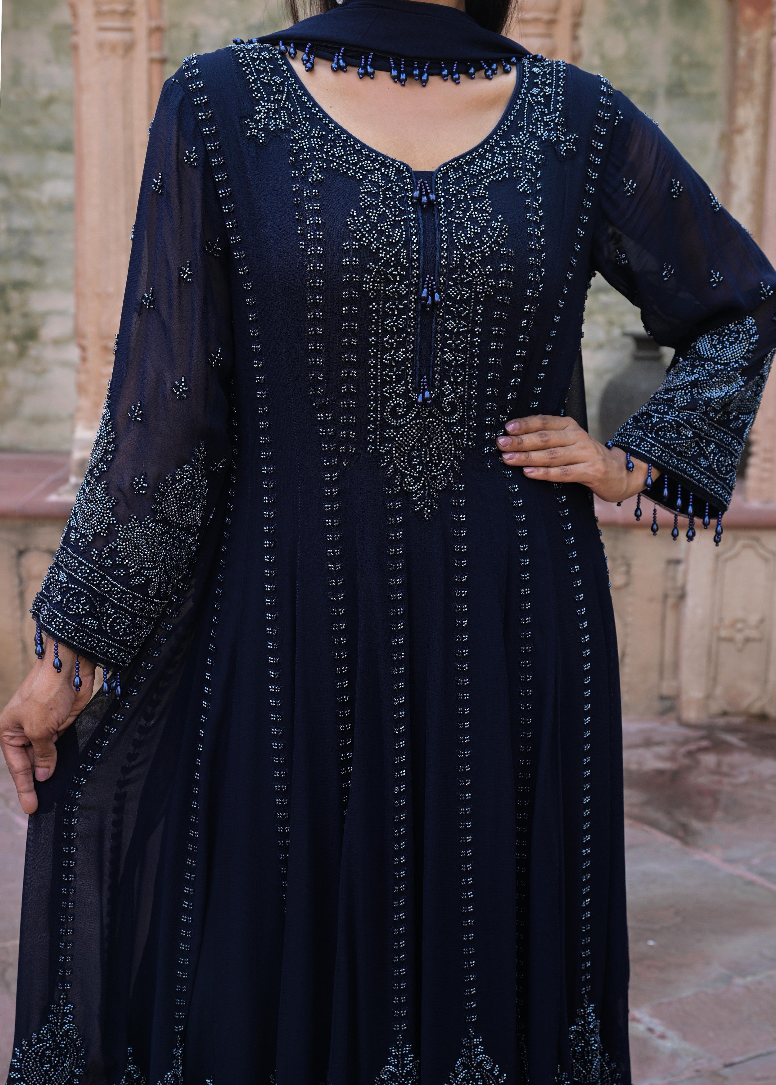 Navy Blue Embellished Georgette Silk Anarkali Set