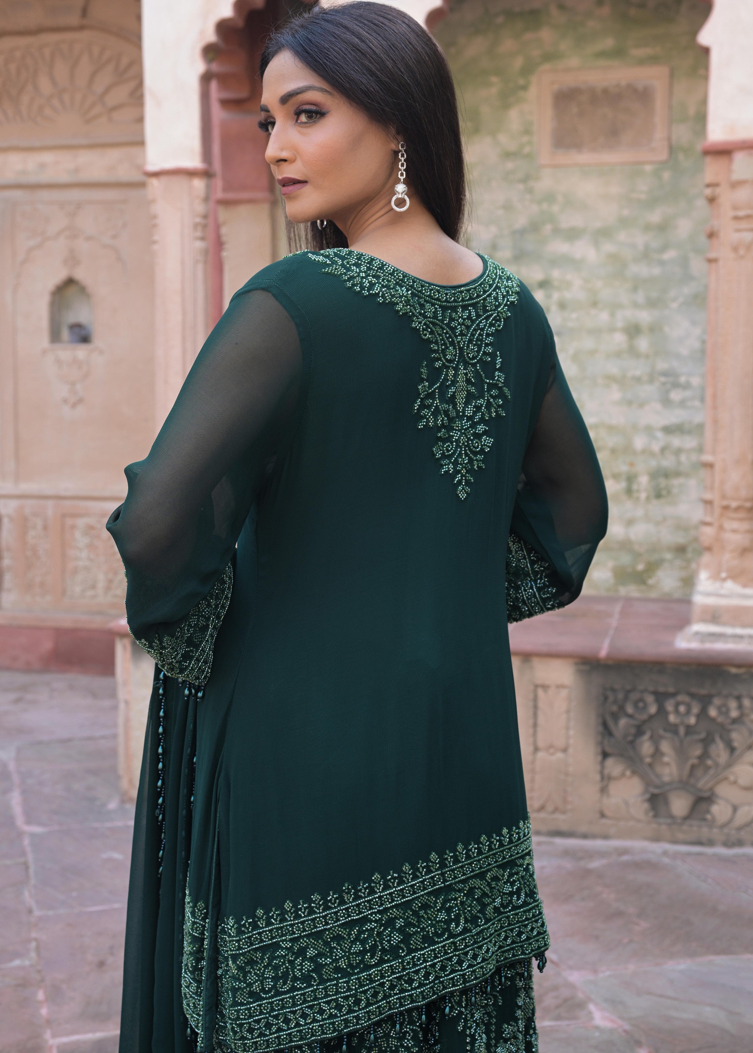 Emerald Green Embellished Georgette Silk Palazzo Set