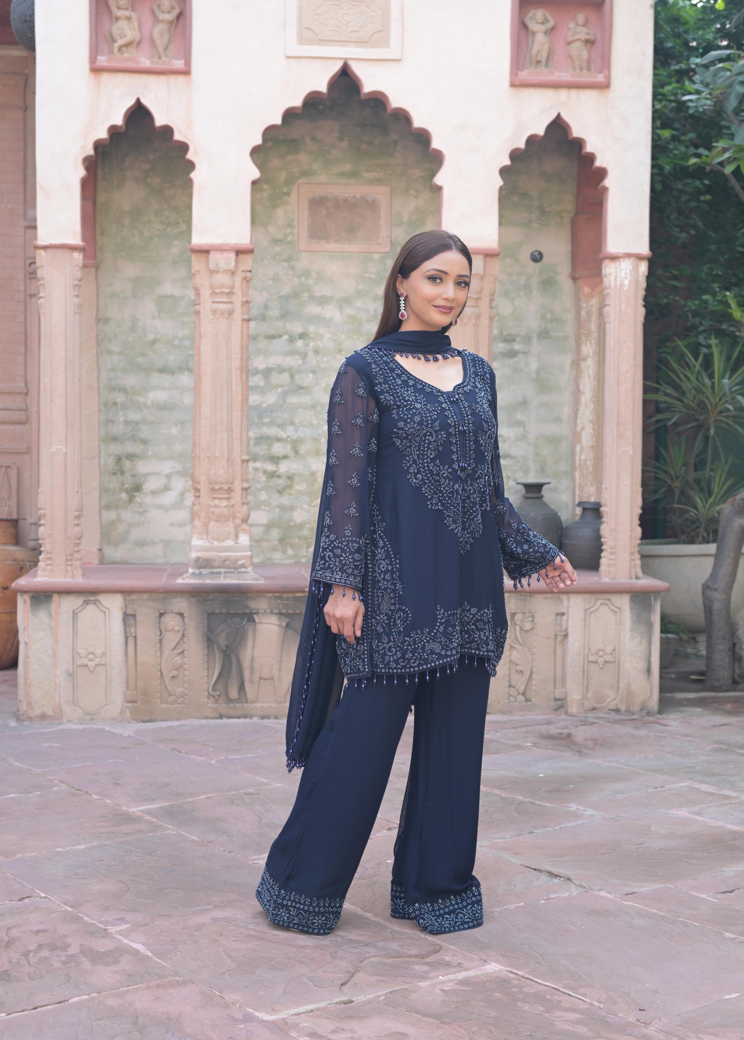 Midnight Blue Embellished Georgette Silk Pant Set