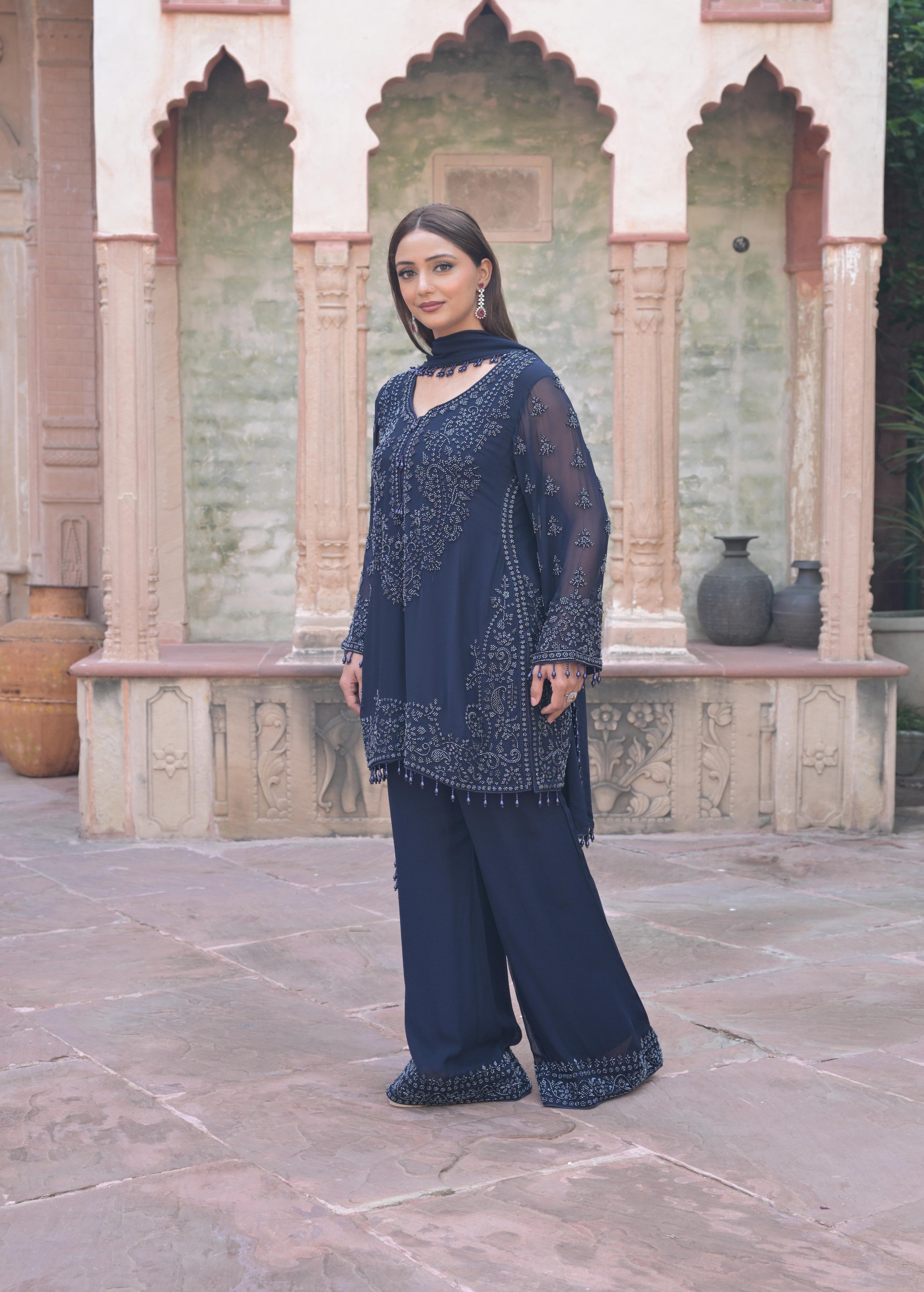Midnight Blue Embellished Georgette Silk Pant Set