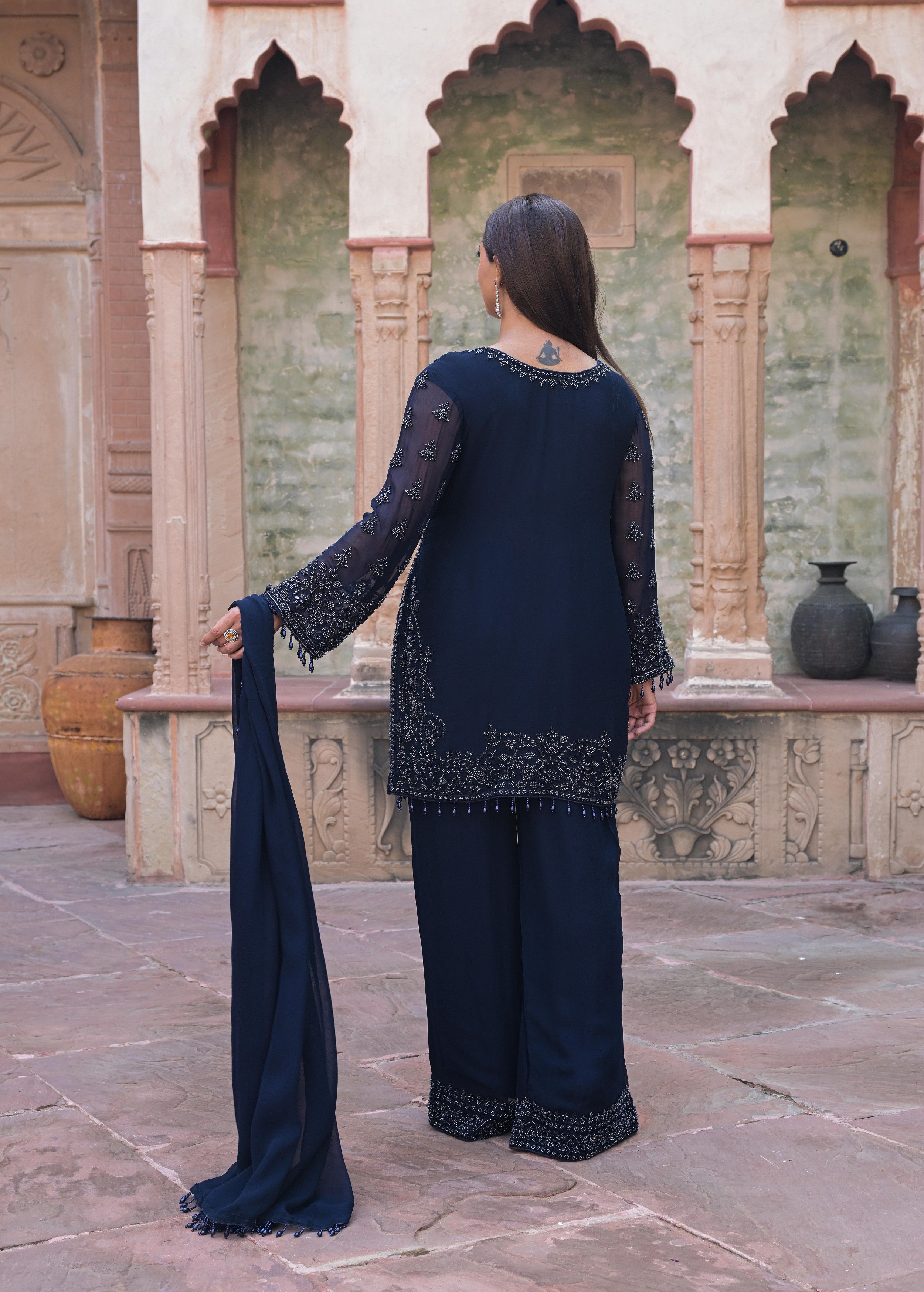 Midnight Blue Embellished Georgette Silk Pant Set