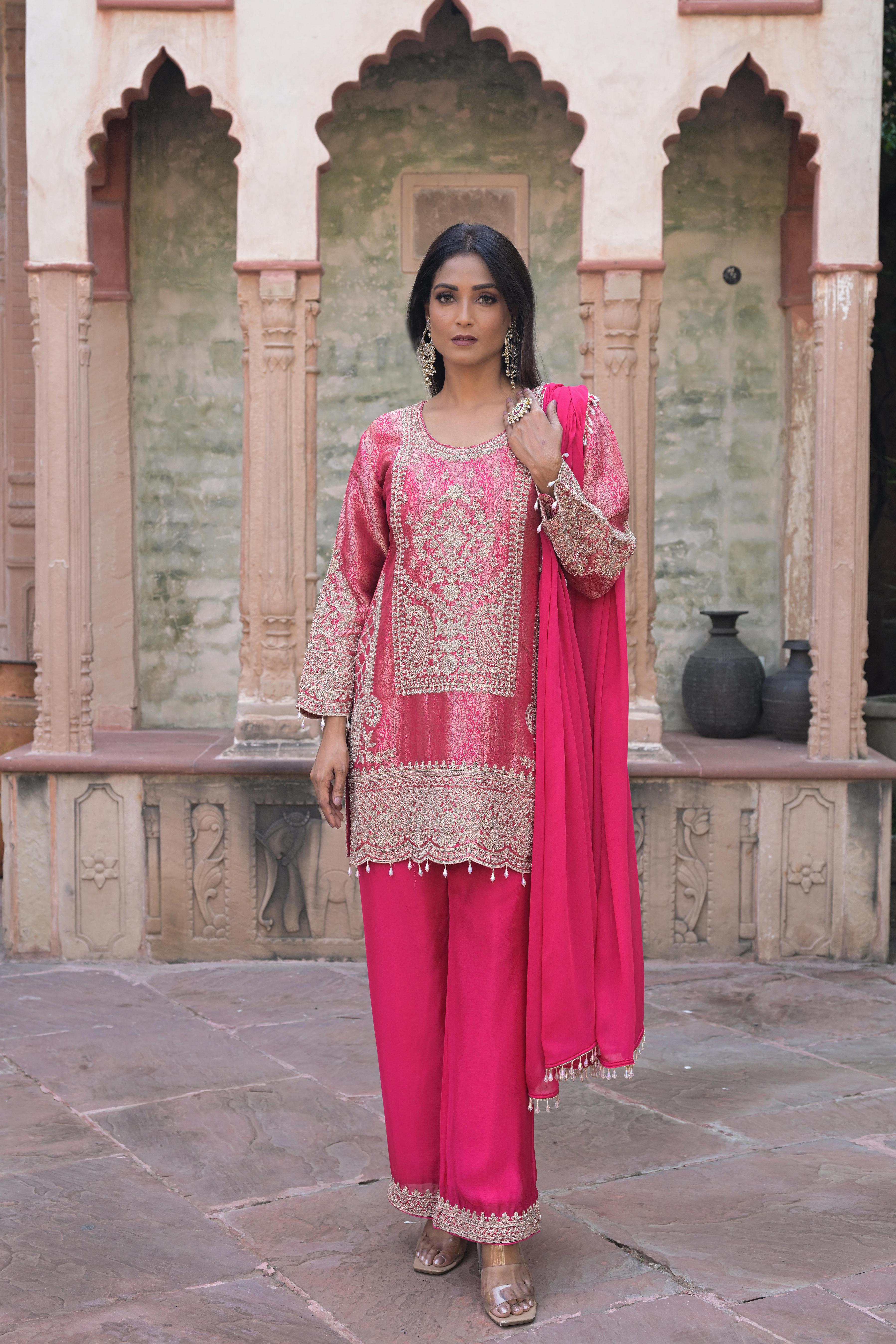 Ruby Pink Embellished Brocade Silk Pant Set