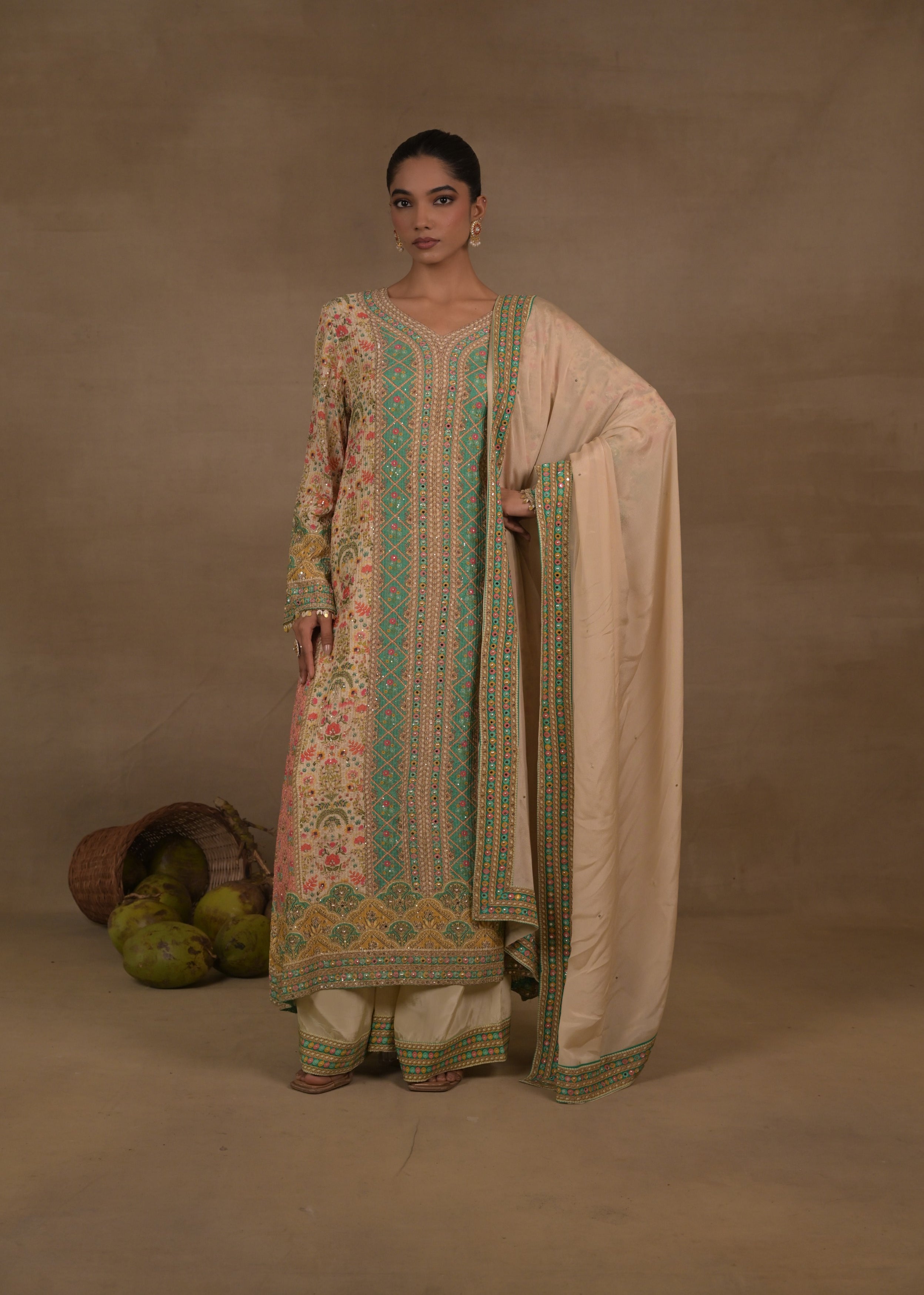 Pastel Mint Embellished Crepe Silk Pant Set