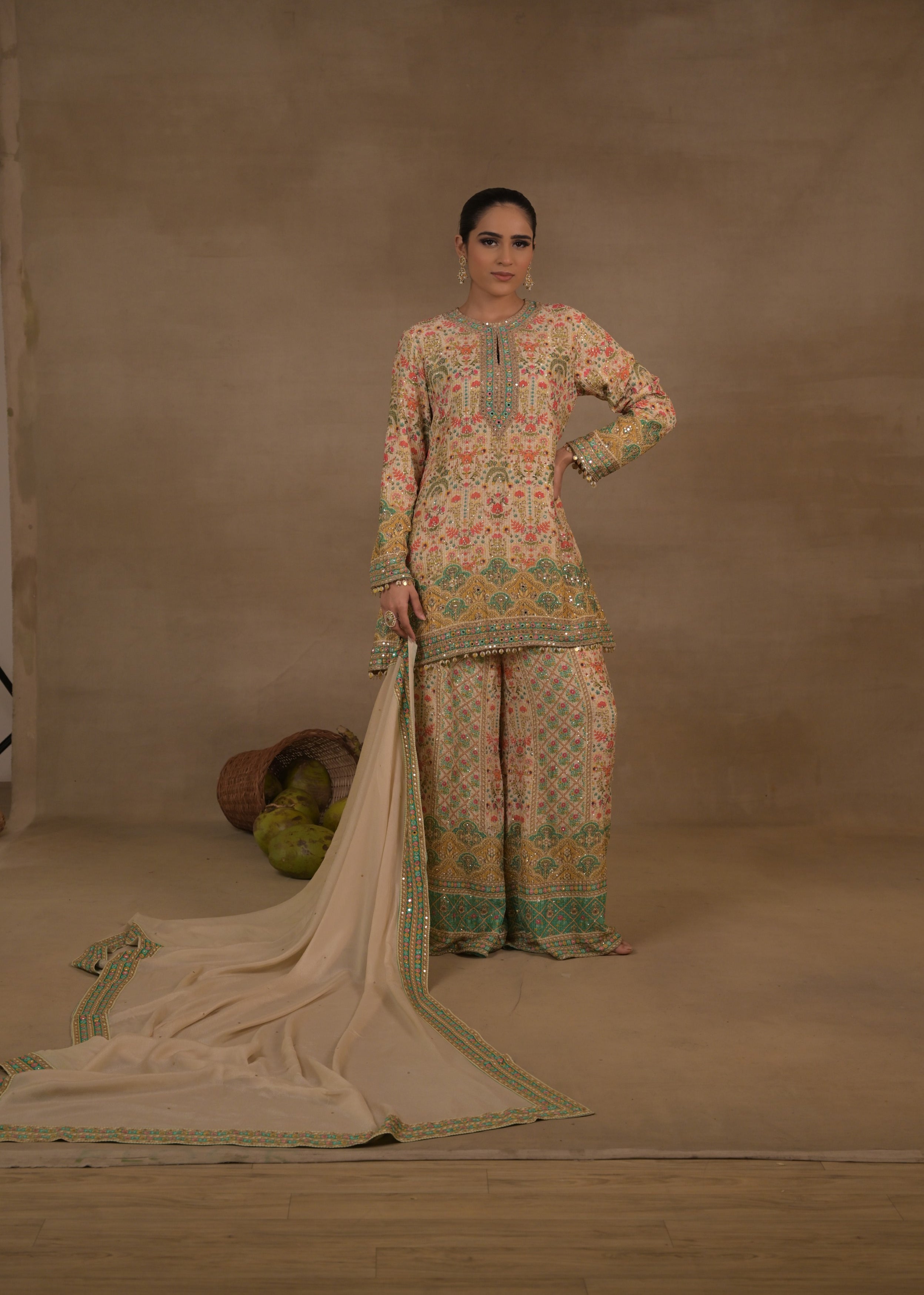Multi-Hued Embellished Crepe Silk Pant Set
